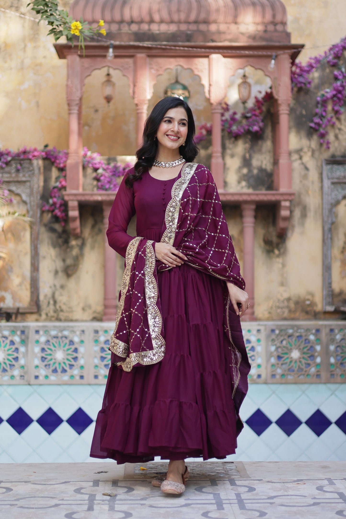 Sttuning 15 Mtr Flared Georgette Stitched Designer Ruffle Gown - Ethnicwish