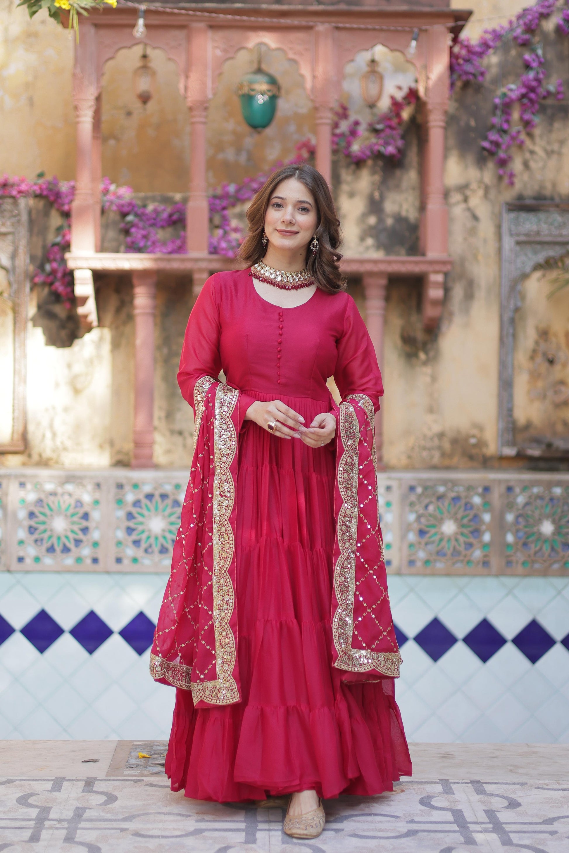 Sttuning 15 Mtr Flared Georgette Stitched Designer Ruffle Gown - Ethnicwish