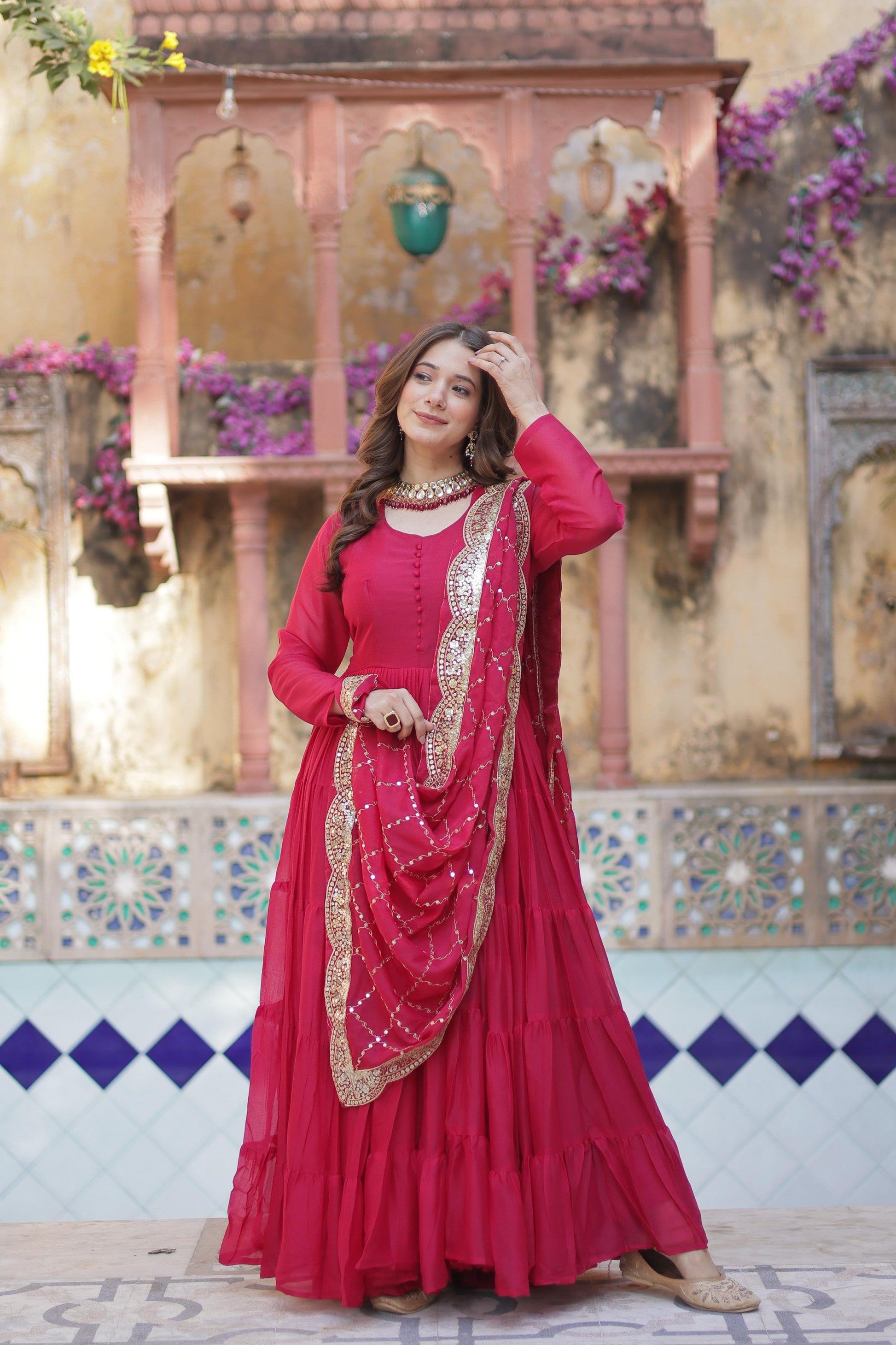 Sttuning 15 Mtr Flared Georgette Stitched Designer Ruffle Gown - Ethnicwish