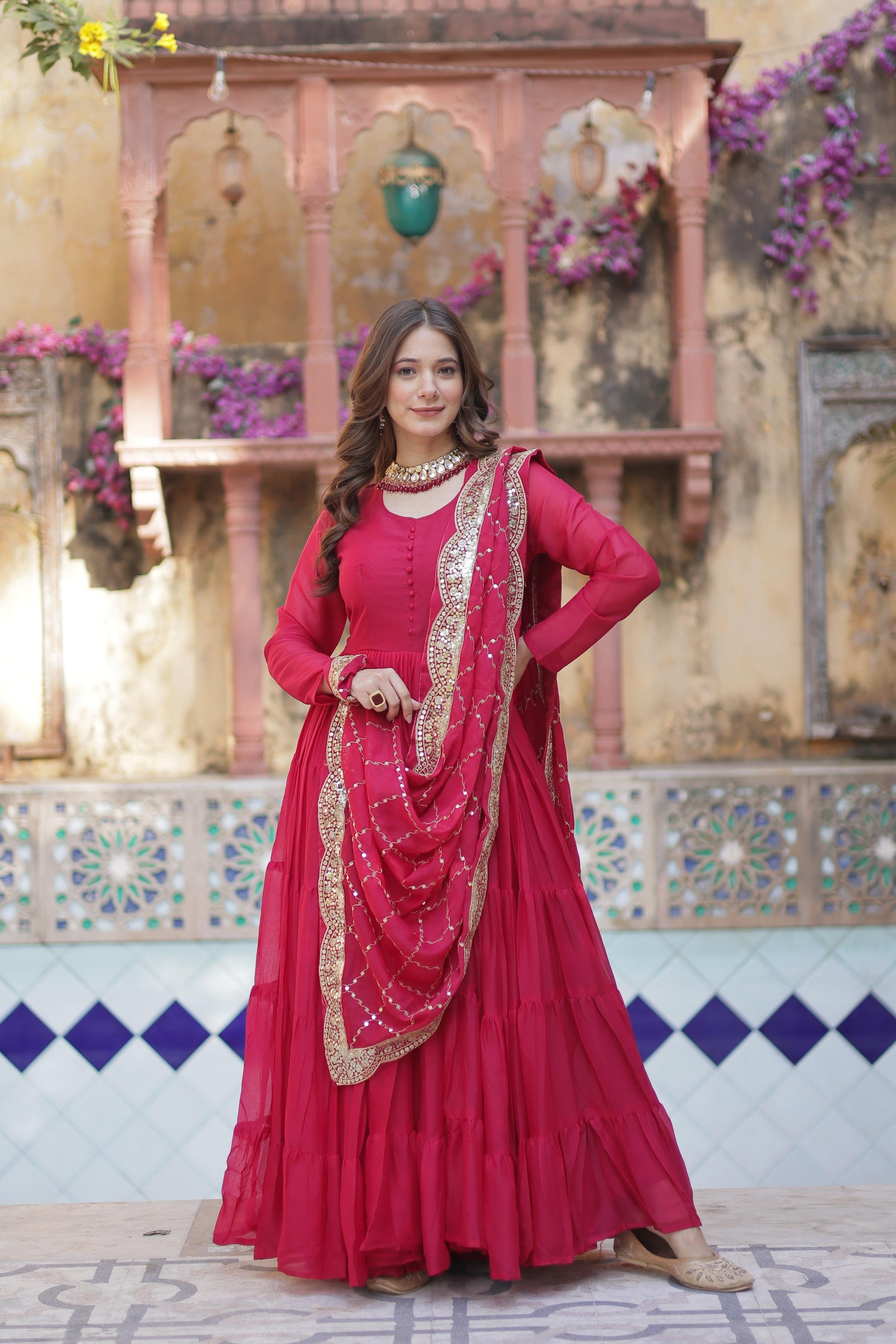 Sttuning 15 Mtr Flared Georgette Stitched Designer Ruffle Gown - Ethnicwish