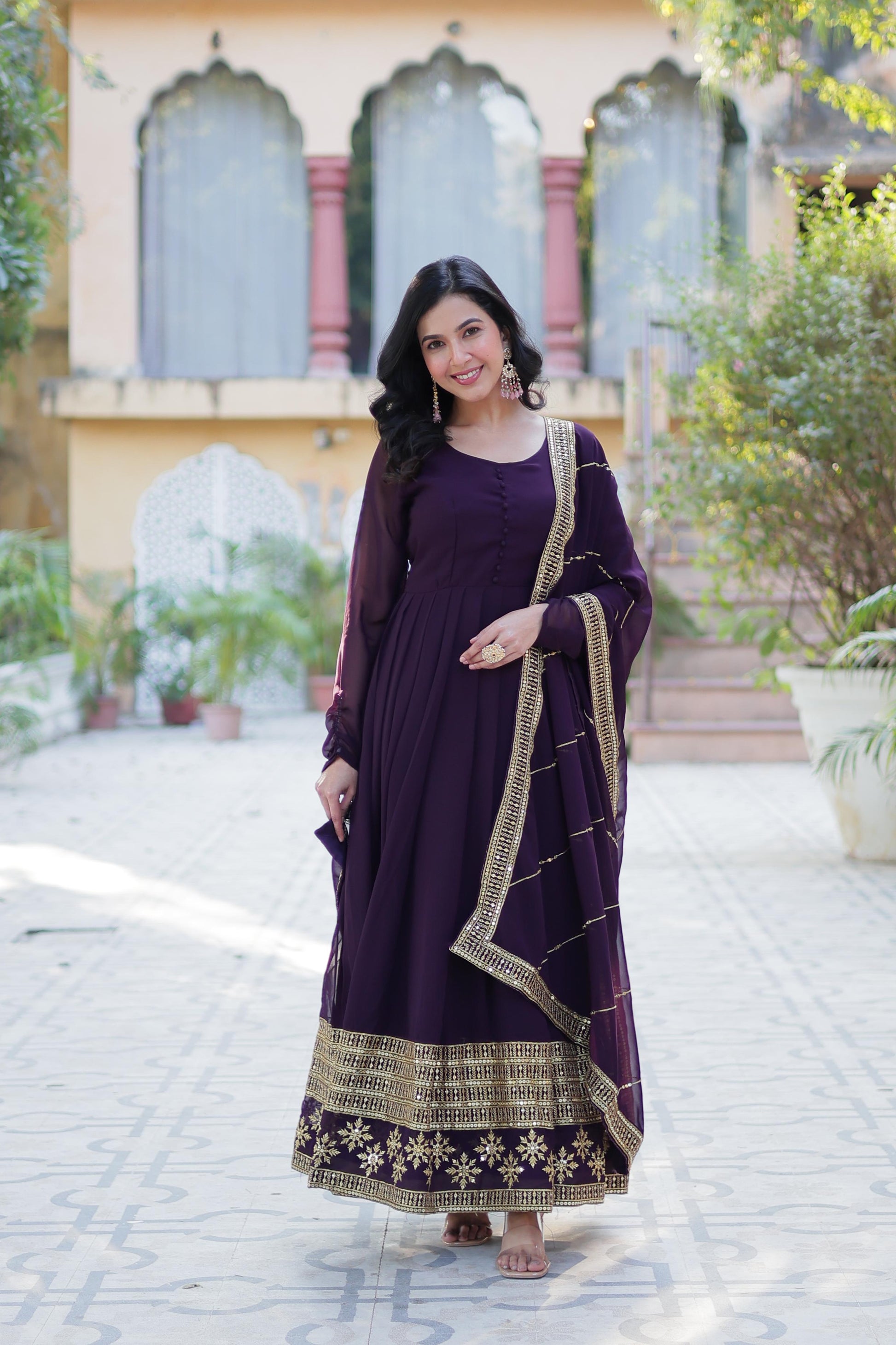 Spellbinding Faux Georgette Multi Sequins Thread Worked Gown - Ethnicwish