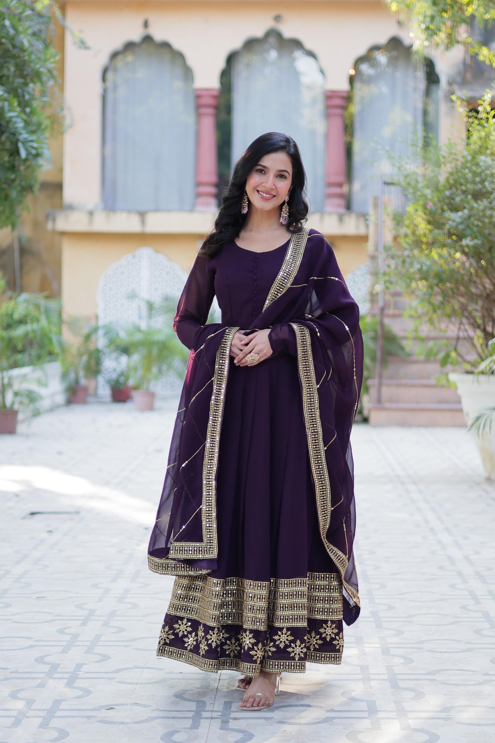 Spellbinding Faux Georgette Multi Sequins Thread Worked Gown - Ethnicwish