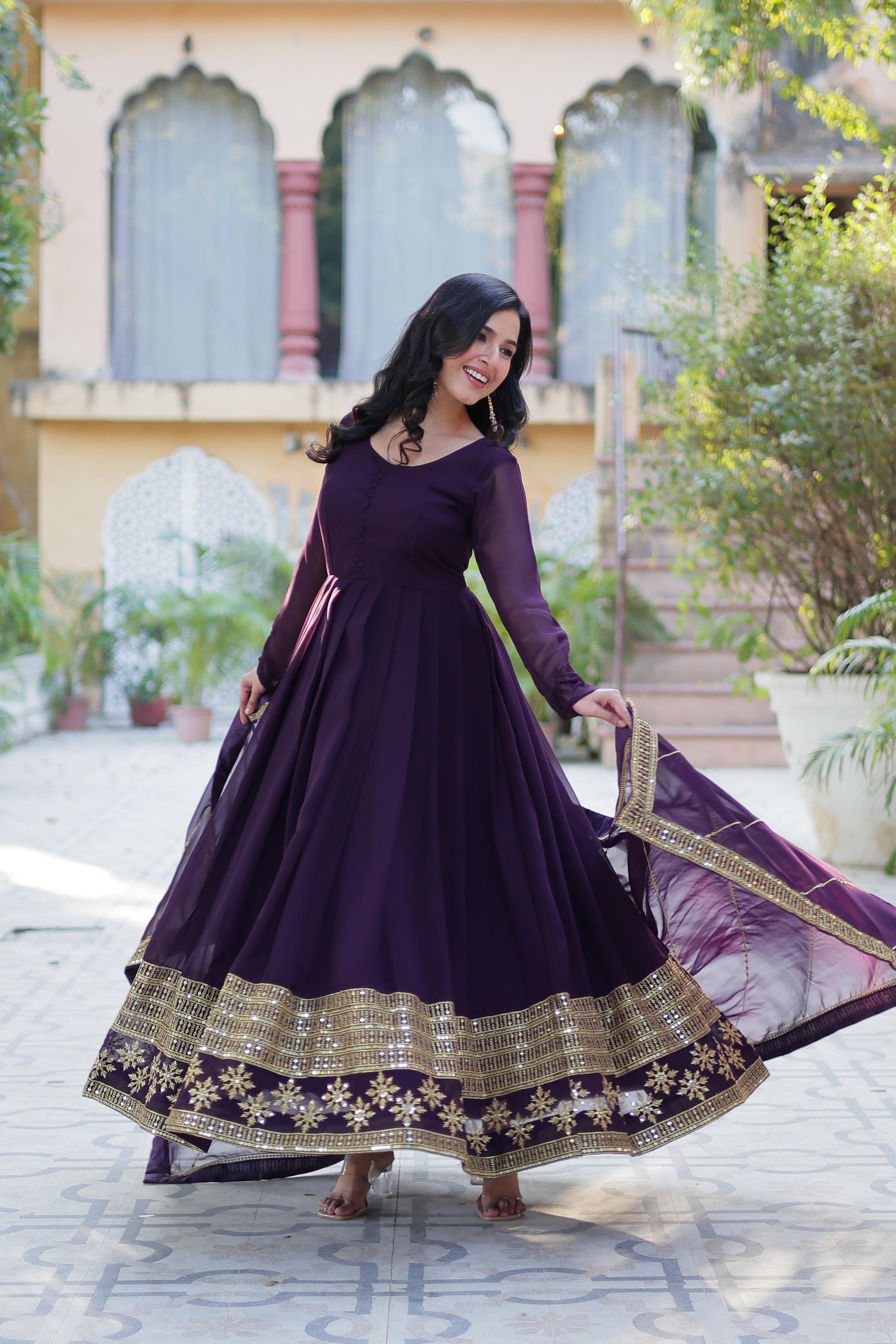 Spellbinding Faux Georgette Multi Sequins Thread Worked Gown - Ethnicwish