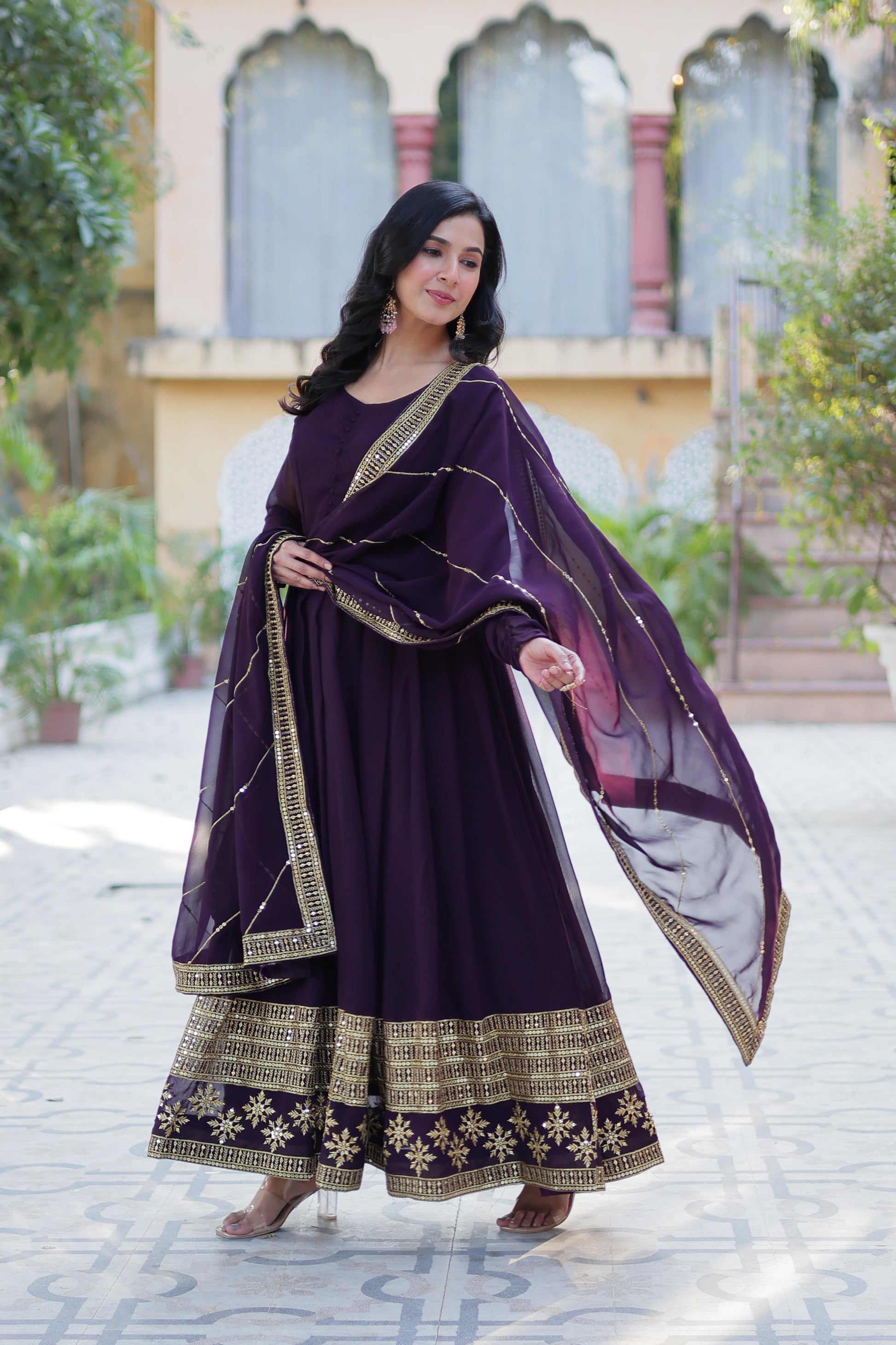 Spellbinding Faux Georgette Multi Sequins Thread Worked Gown - Ethnicwish