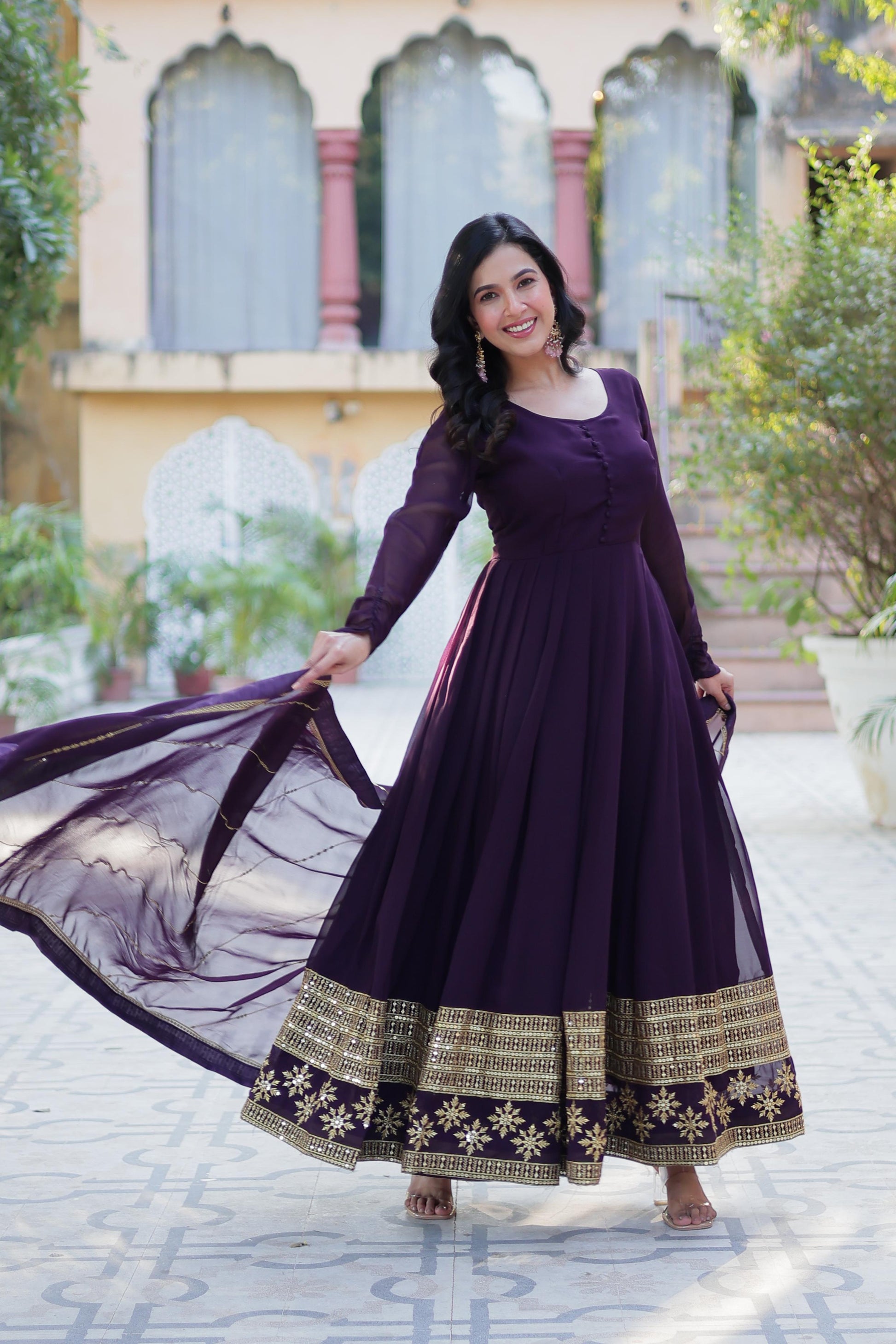 Spellbinding Faux Georgette Multi Sequins Thread Worked Gown - Ethnicwish
