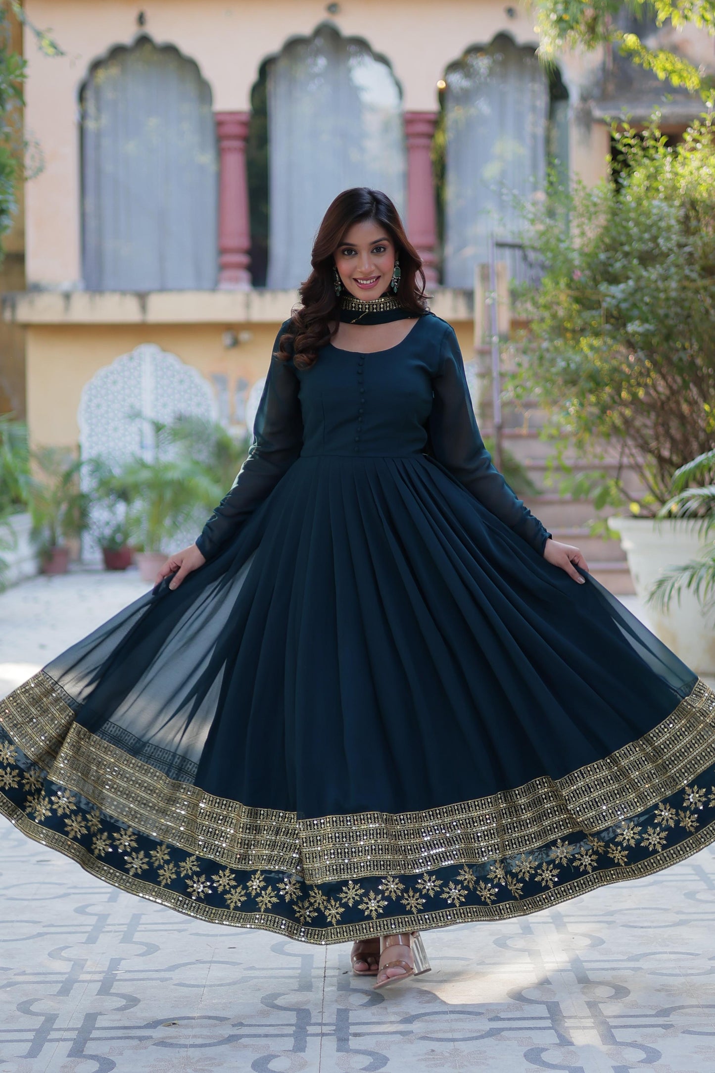 Spellbinding Faux Georgette Multi Sequins Thread Worked Gown - Ethnicwish