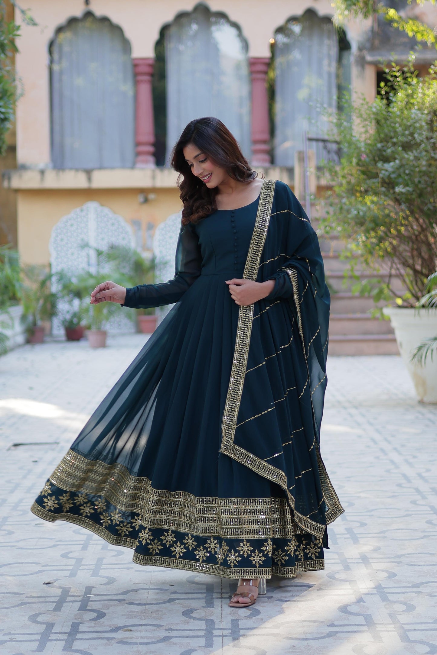 Spellbinding Faux Georgette Multi Sequins Thread Worked Gown - Ethnicwish