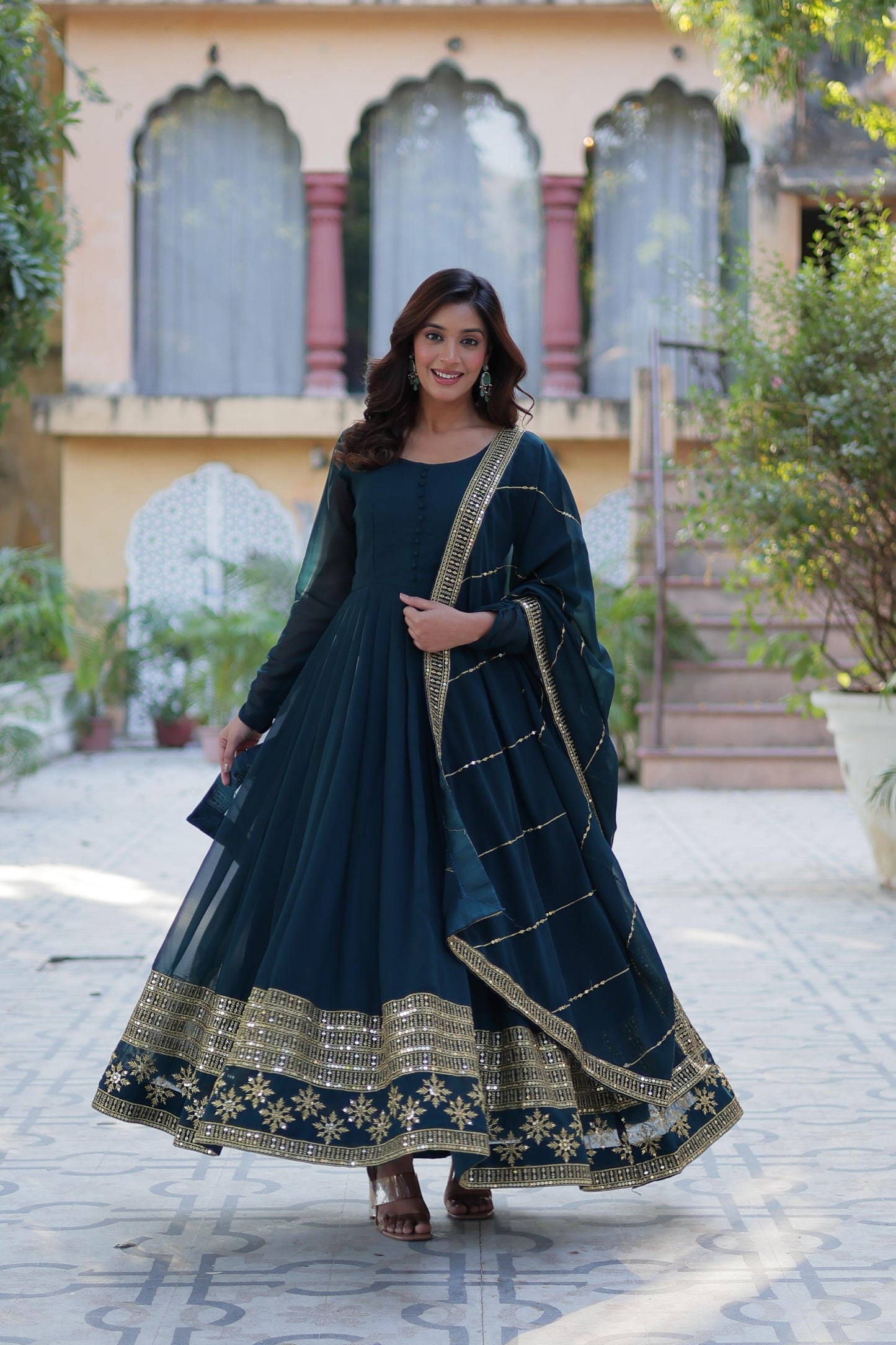 Spellbinding Faux Georgette Multi Sequins Thread Worked Gown - Ethnicwish