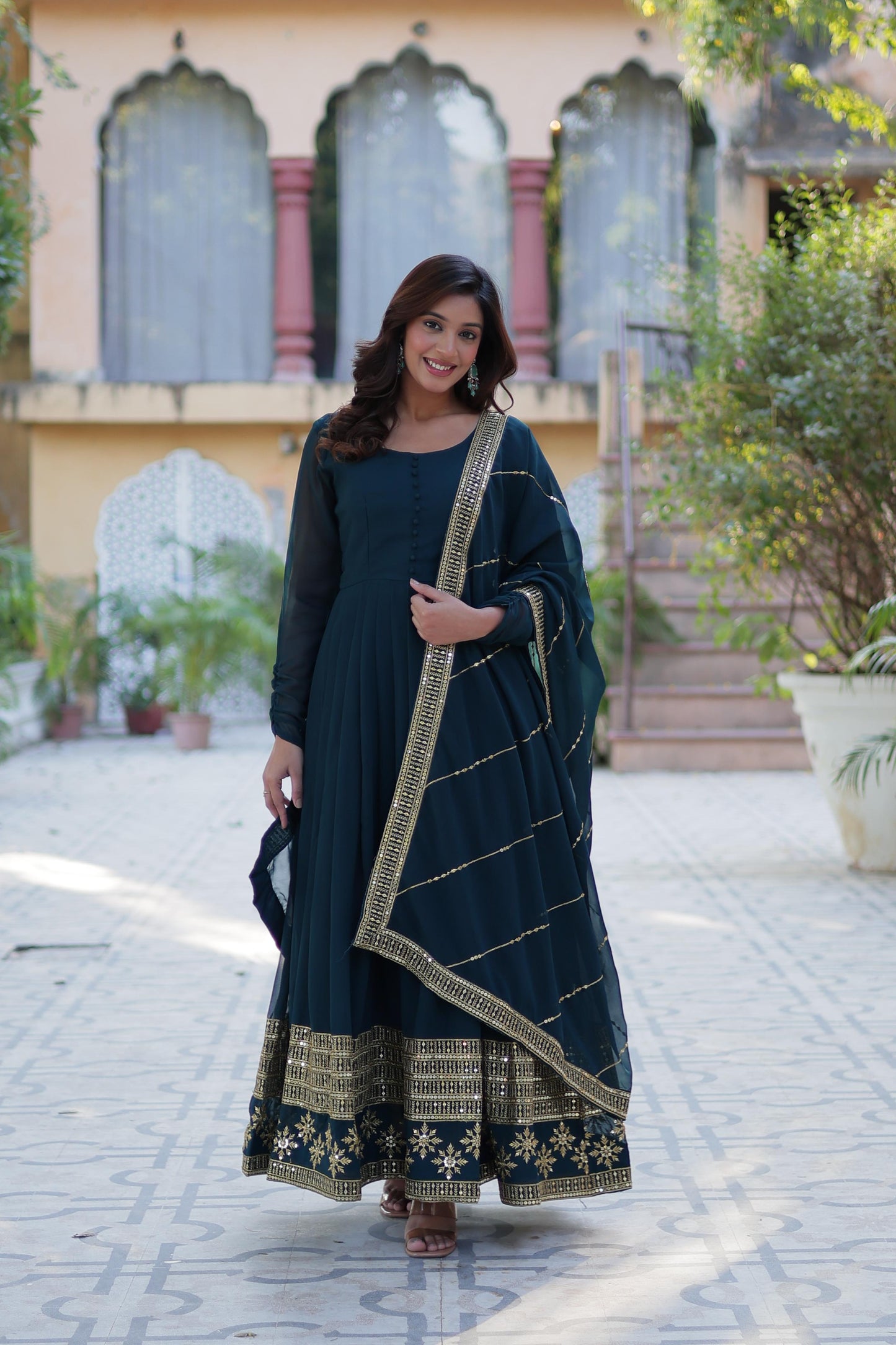 Spellbinding Faux Georgette Multi Sequins Thread Worked Gown - Ethnicwish