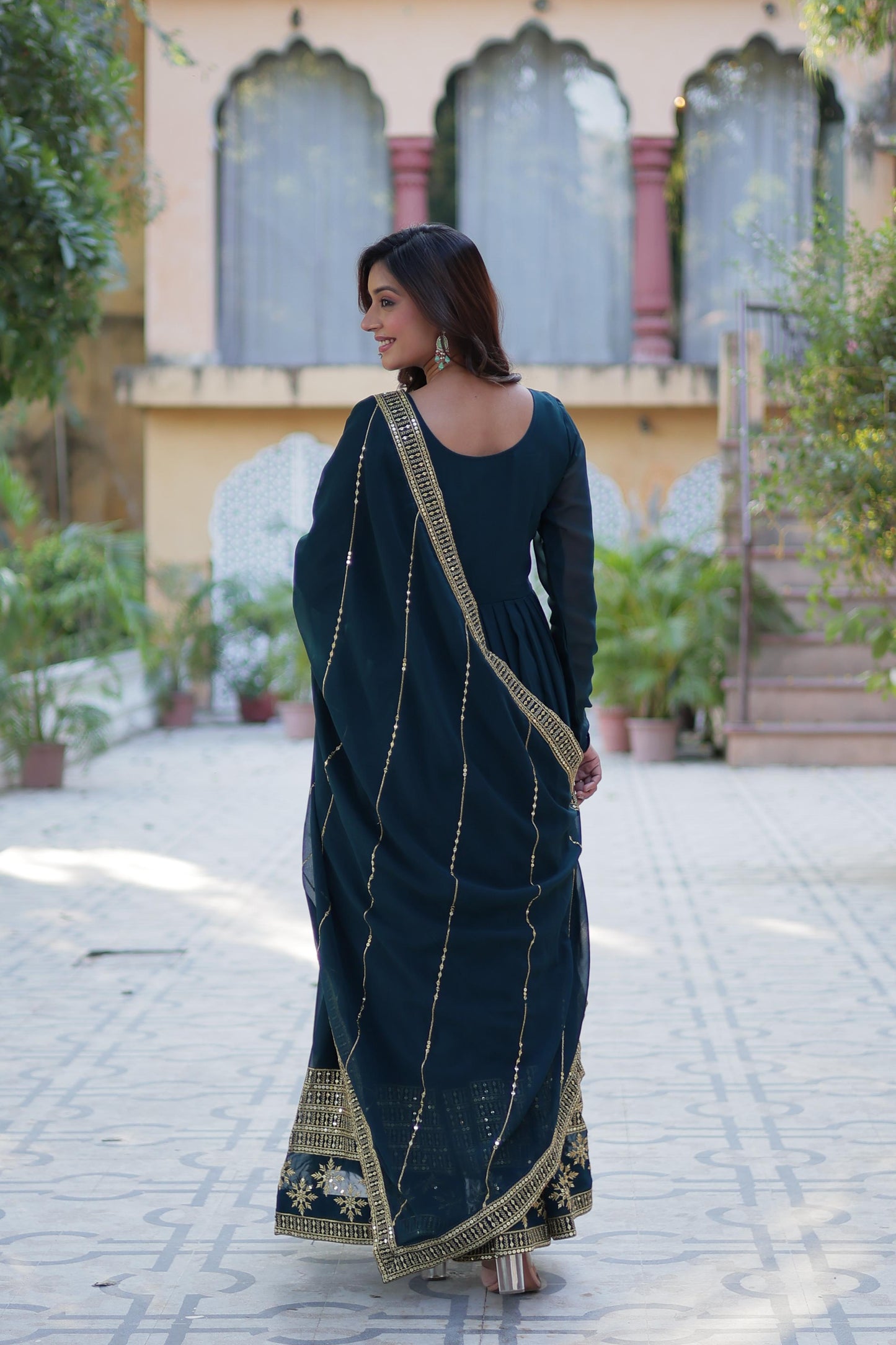Spellbinding Faux Georgette Multi Sequins Thread Worked Gown - Ethnicwish