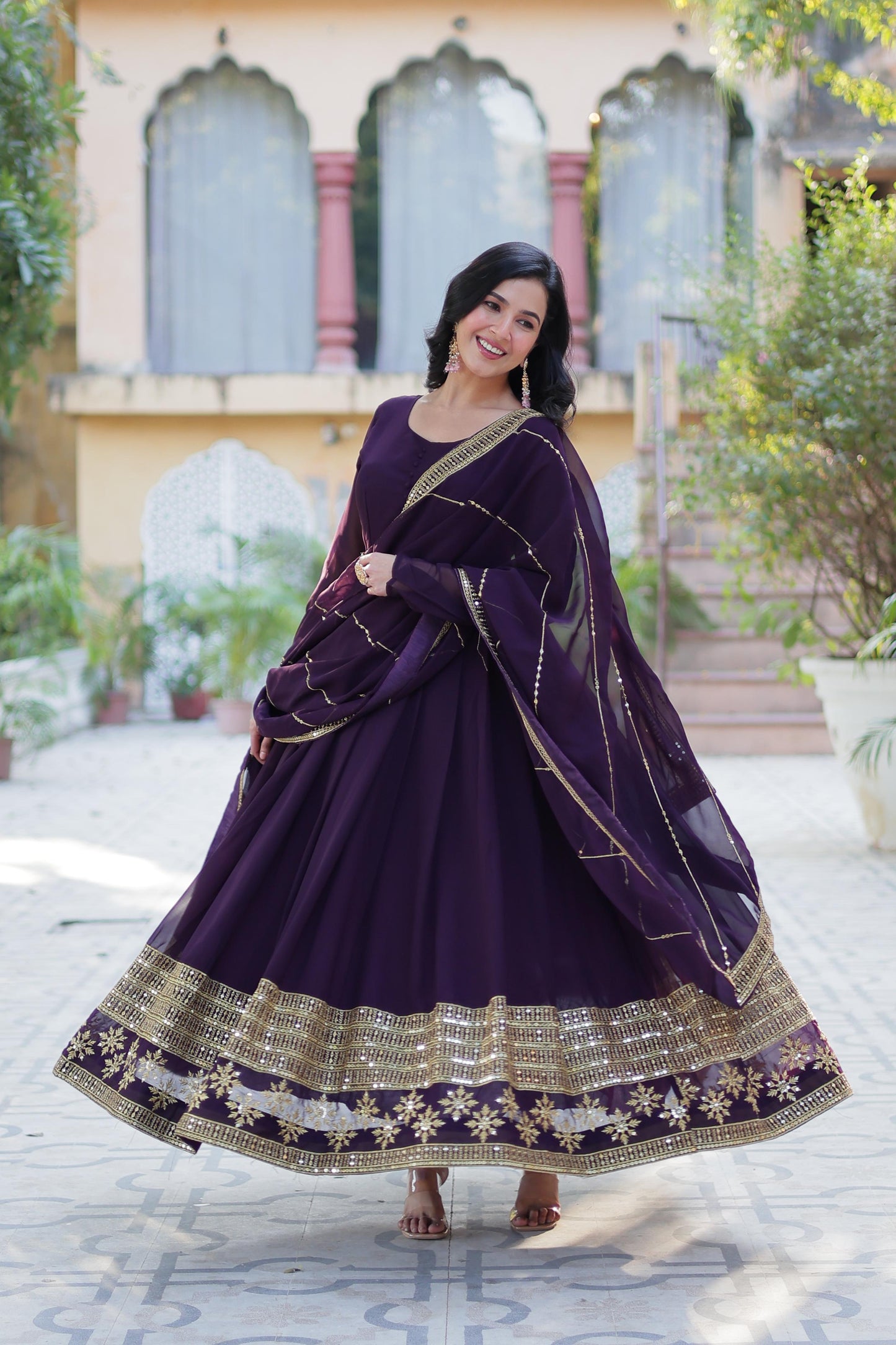 Spellbinding Faux Georgette Multi Sequins Thread Worked Gown - Ethnicwish