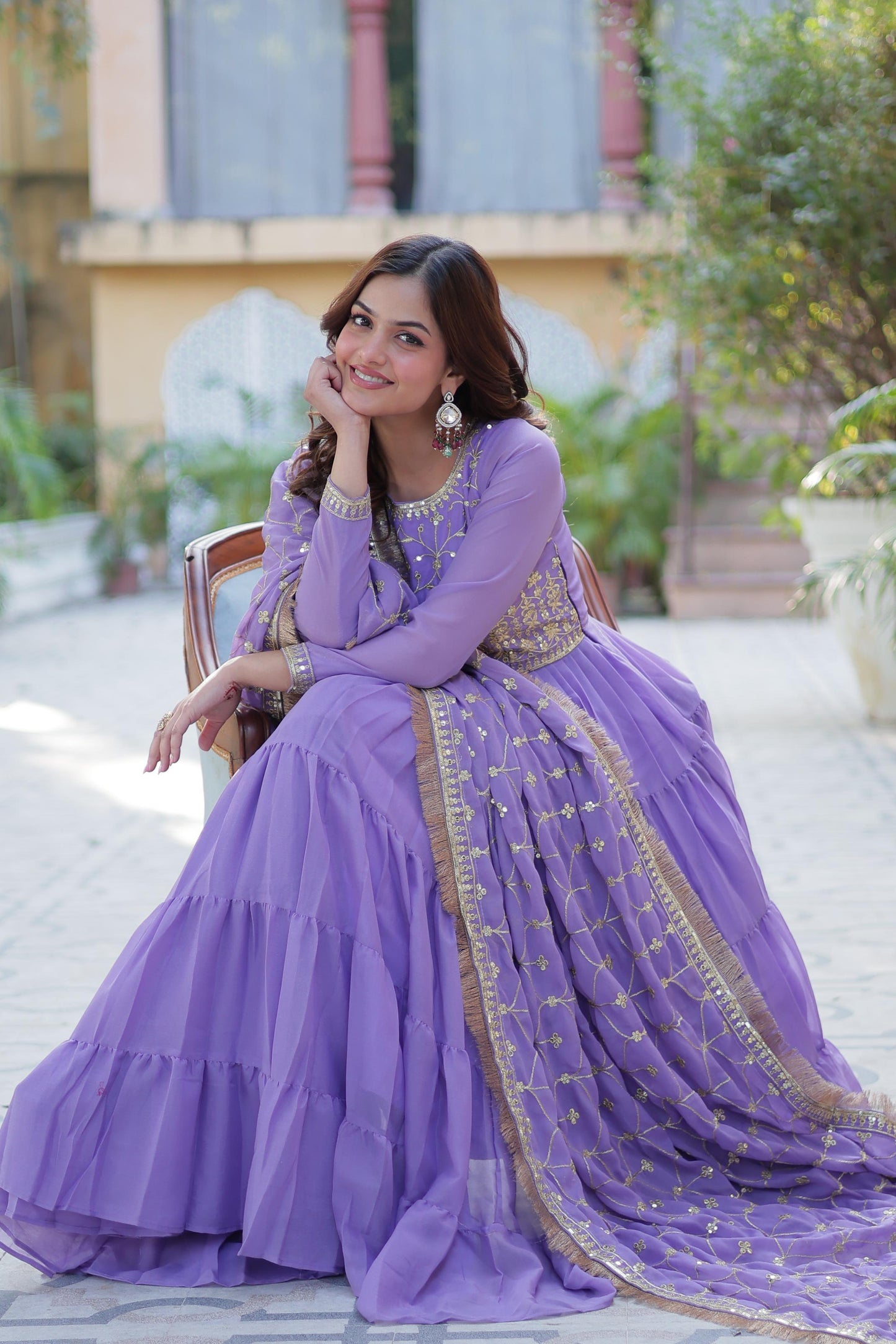 Spellbinding Georgette Ruffle Sequins Embroidered Gown With Dupatta - Ethnicwish