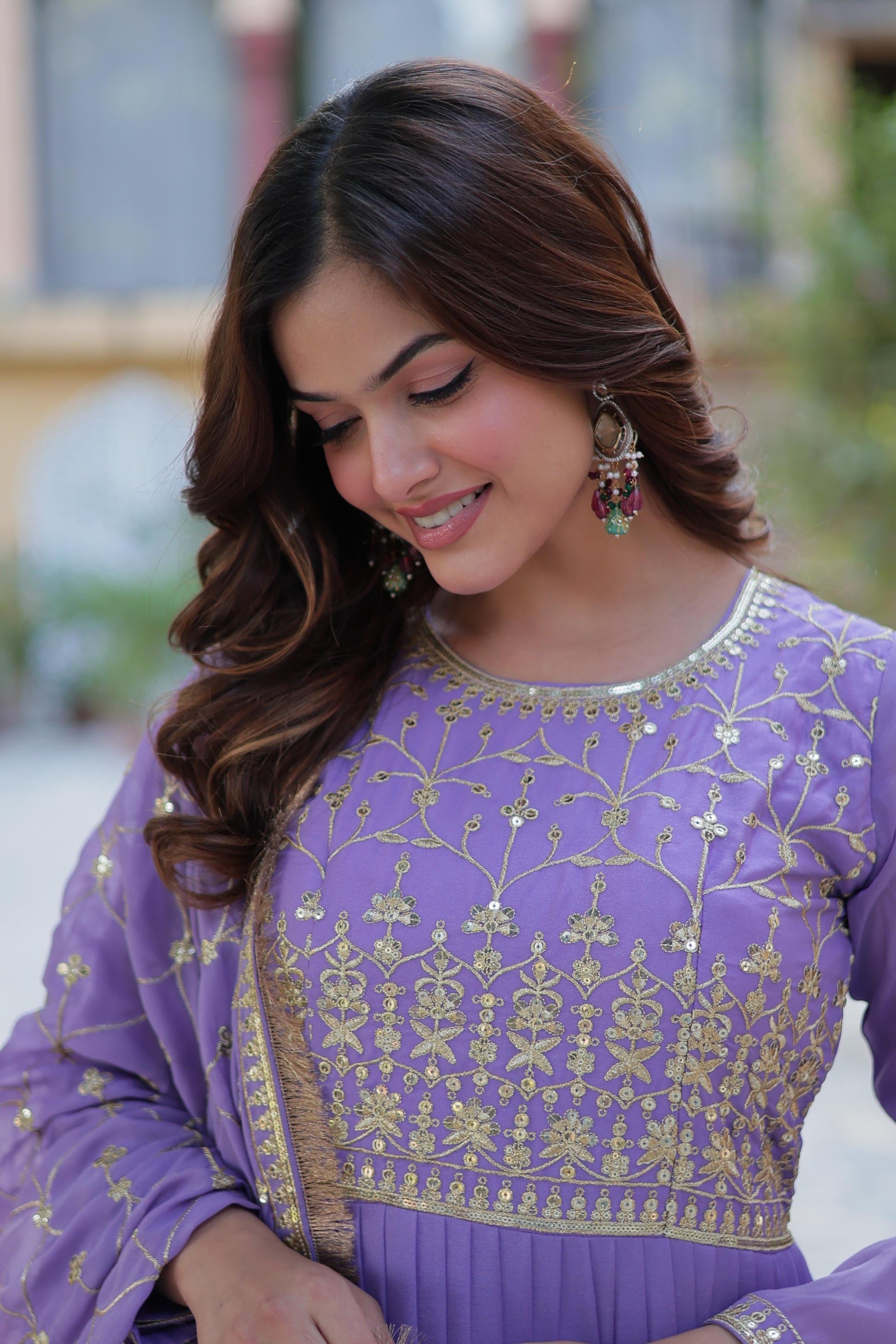 Spellbinding Georgette Ruffle Sequins Embroidered Gown With Dupatta - Ethnicwish