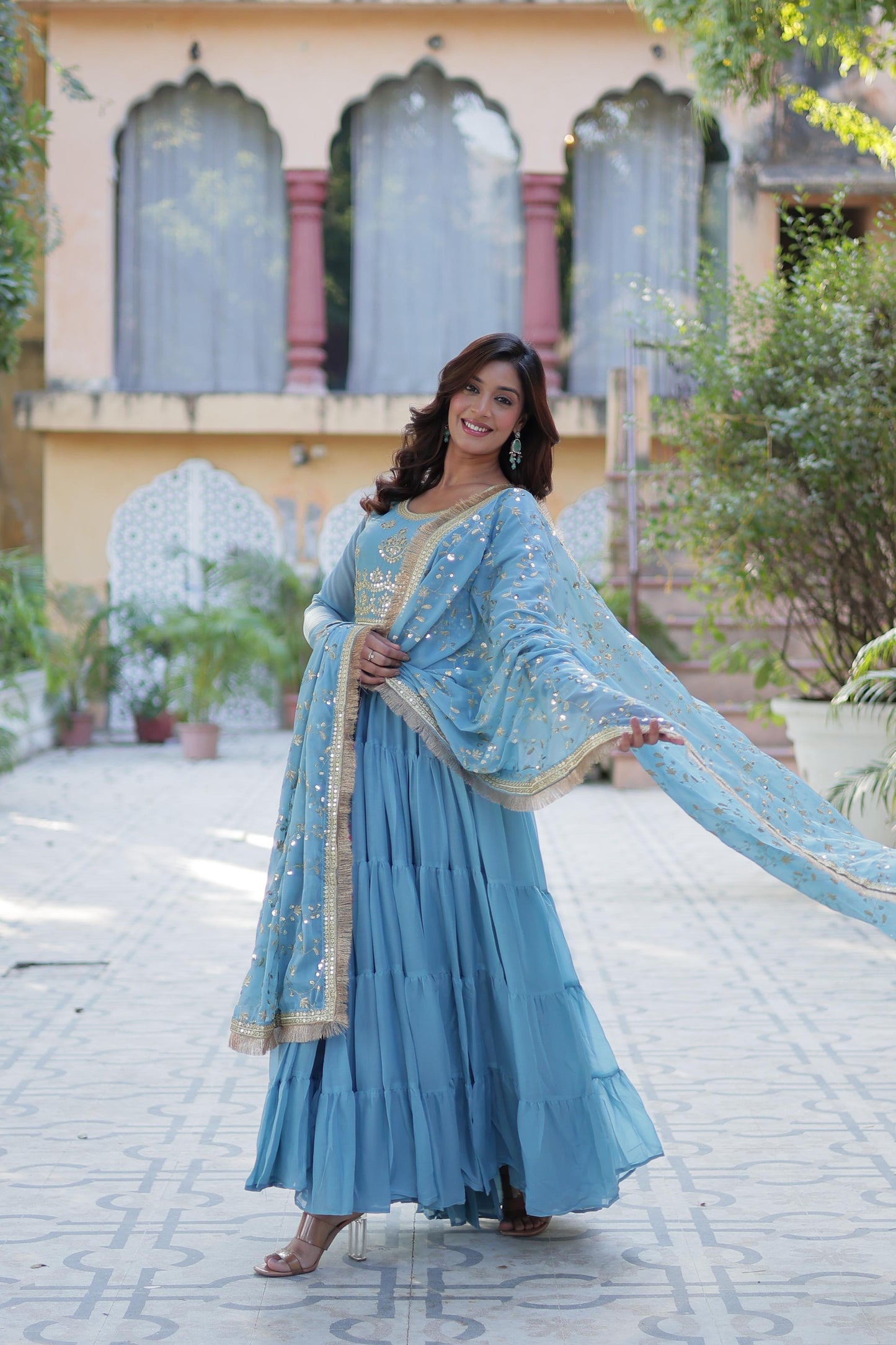 Spellbinding Georgette Ruffle Sequins Embroidered Gown With Dupatta - Ethnicwish