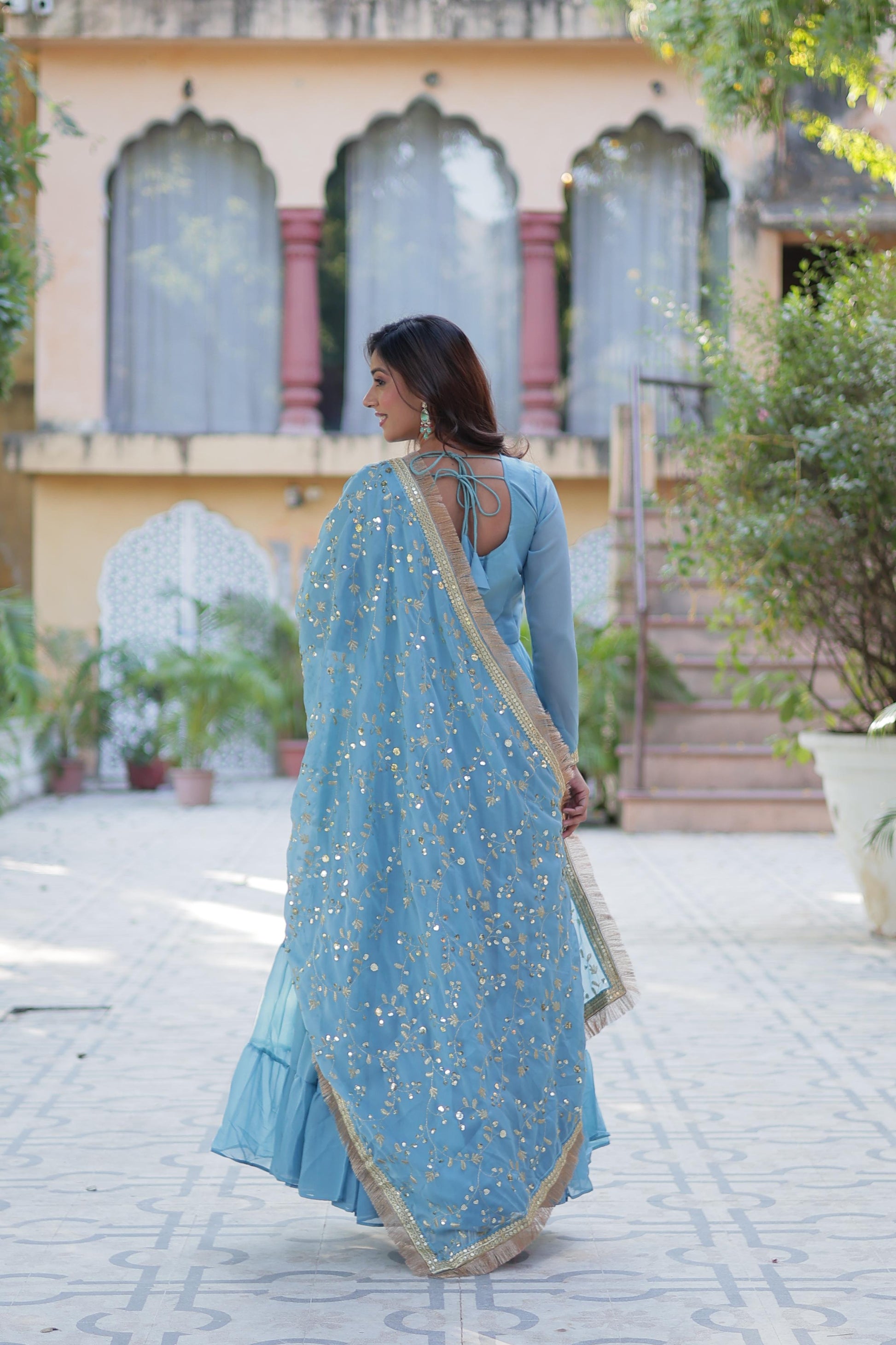 Spellbinding Georgette Ruffle Sequins Embroidered Gown With Dupatta - Ethnicwish