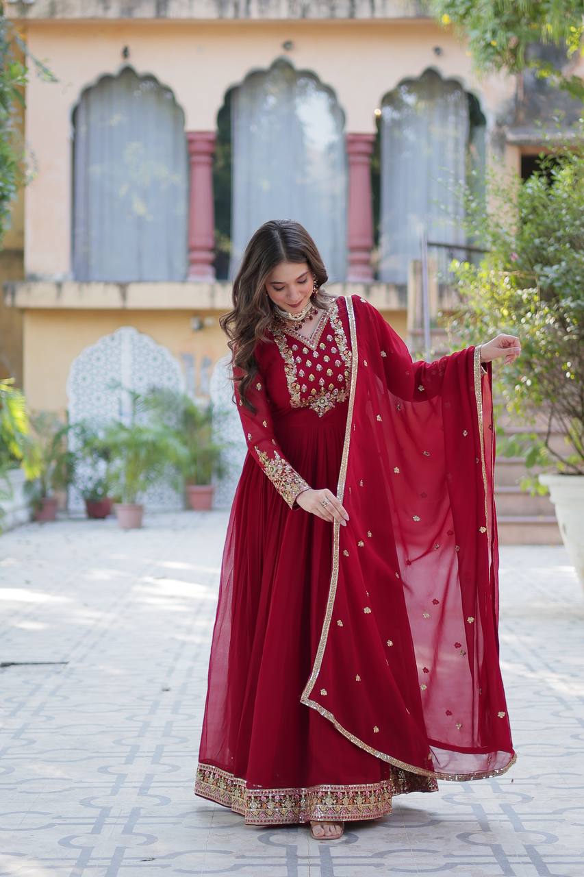 Ravishing Faux Georgette Rich Sequins Embroidered Gown With Dupatta - Ethnicwish