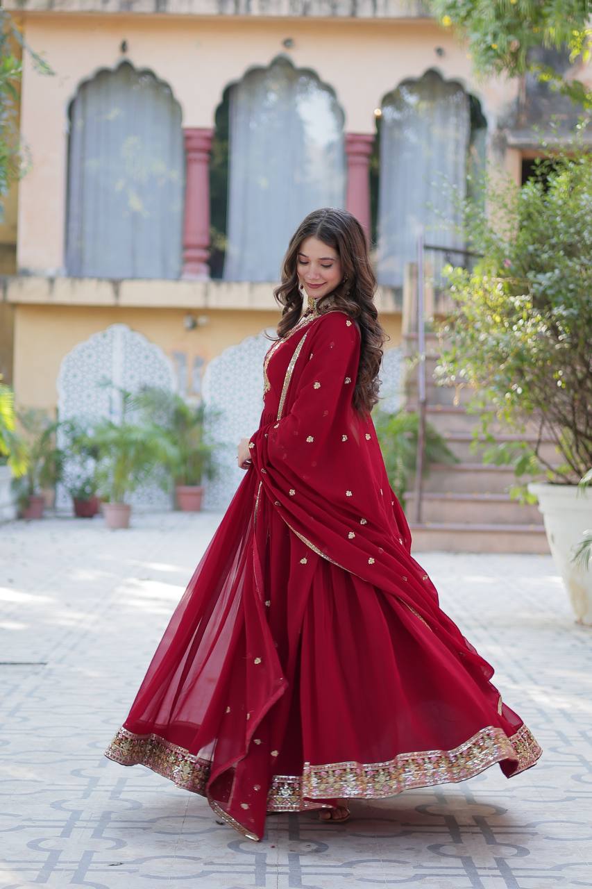 Ravishing Faux Georgette Rich Sequins Embroidered Gown With Dupatta - Ethnicwish