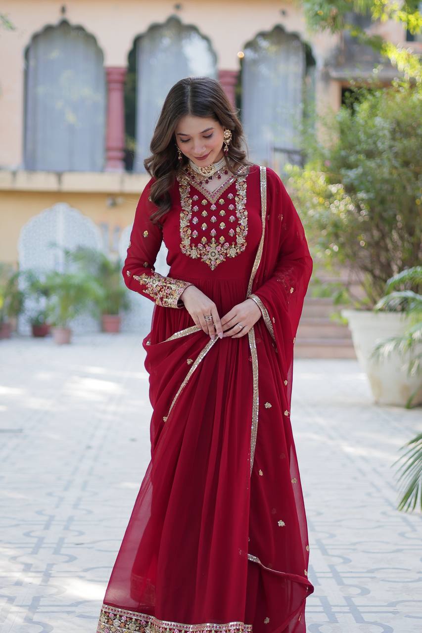 Ravishing Faux Georgette Rich Sequins Embroidered Gown With Dupatta - Ethnicwish