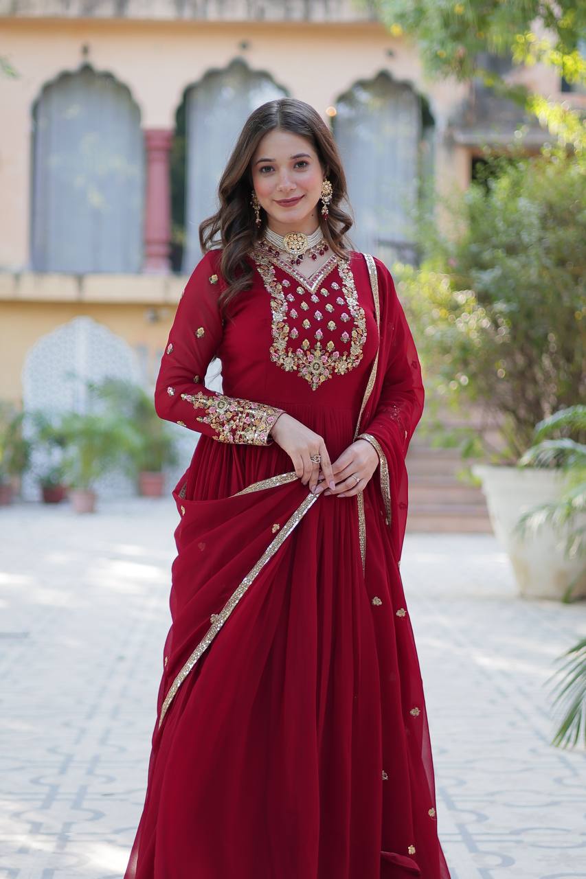 Ravishing Faux Georgette Rich Sequins Embroidered Gown With Dupatta - Ethnicwish
