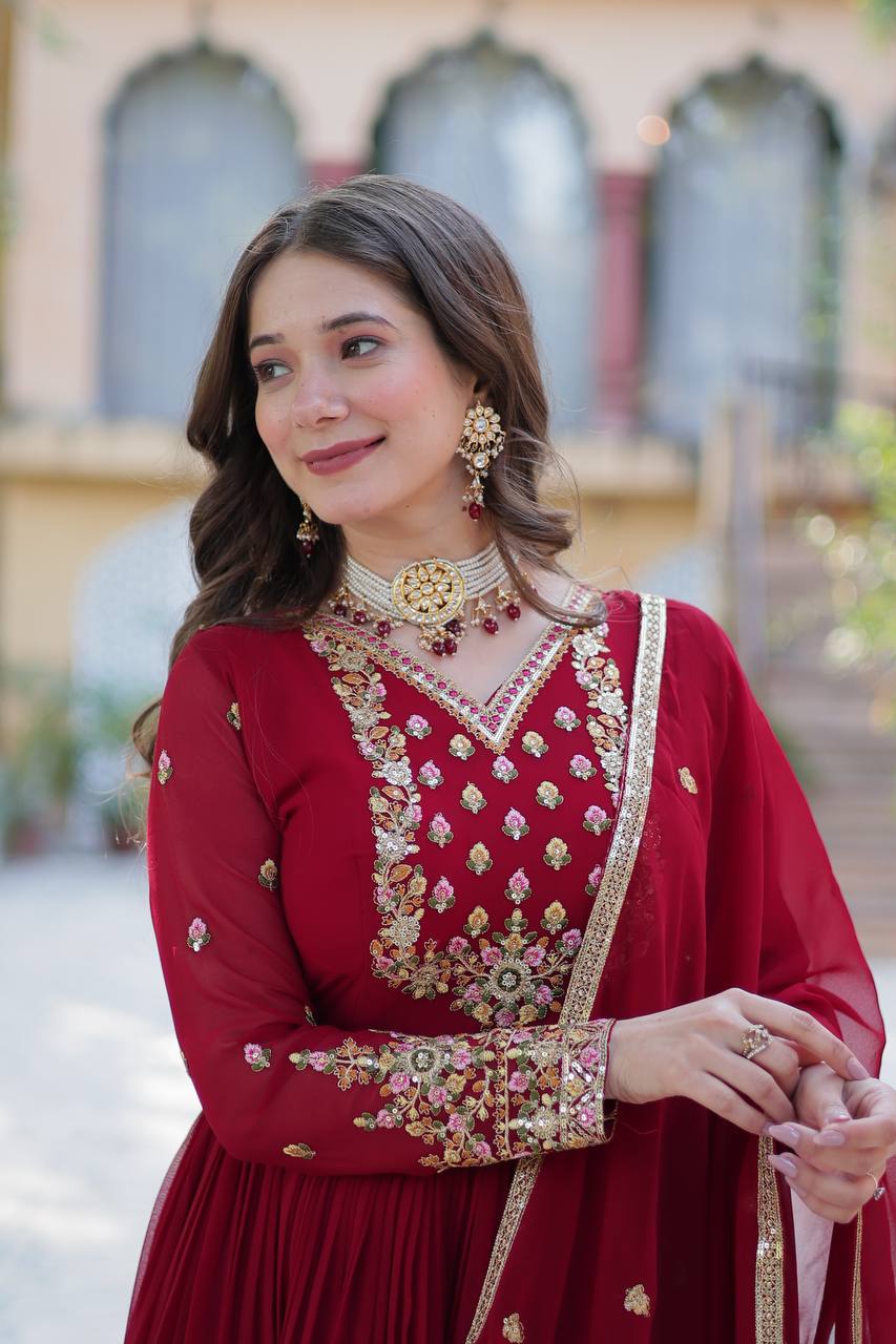 Ravishing Faux Georgette Rich Sequins Embroidered Gown With Dupatta - Ethnicwish