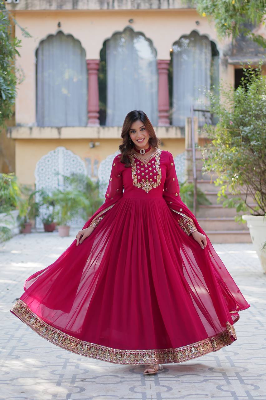 Ravishing Faux Georgette Rich Sequins Embroidered Gown With Dupatta - Ethnicwish