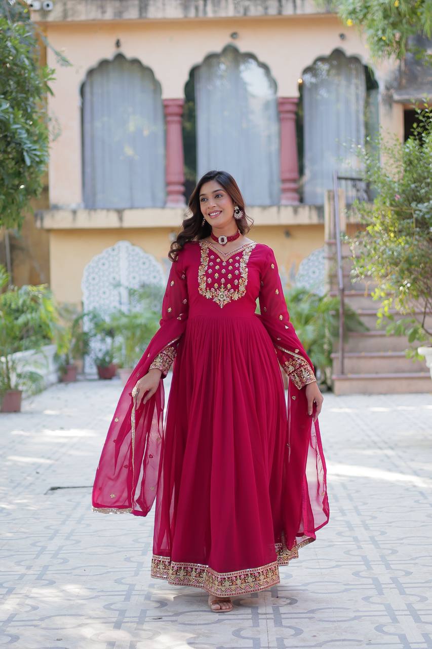 Ravishing Faux Georgette Rich Sequins Embroidered Gown With Dupatta - Ethnicwish