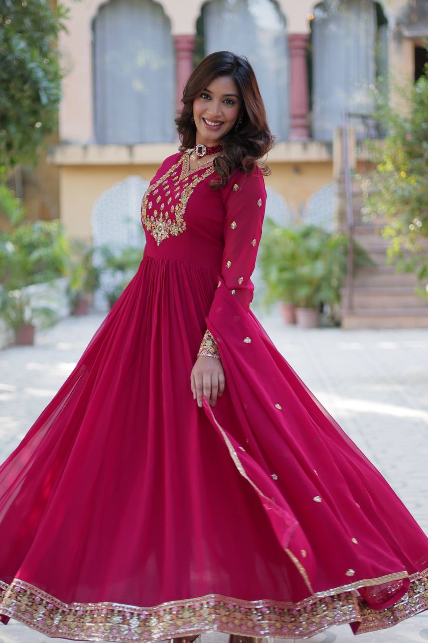 Ravishing Faux Georgette Rich Sequins Embroidered Gown With Dupatta - Ethnicwish