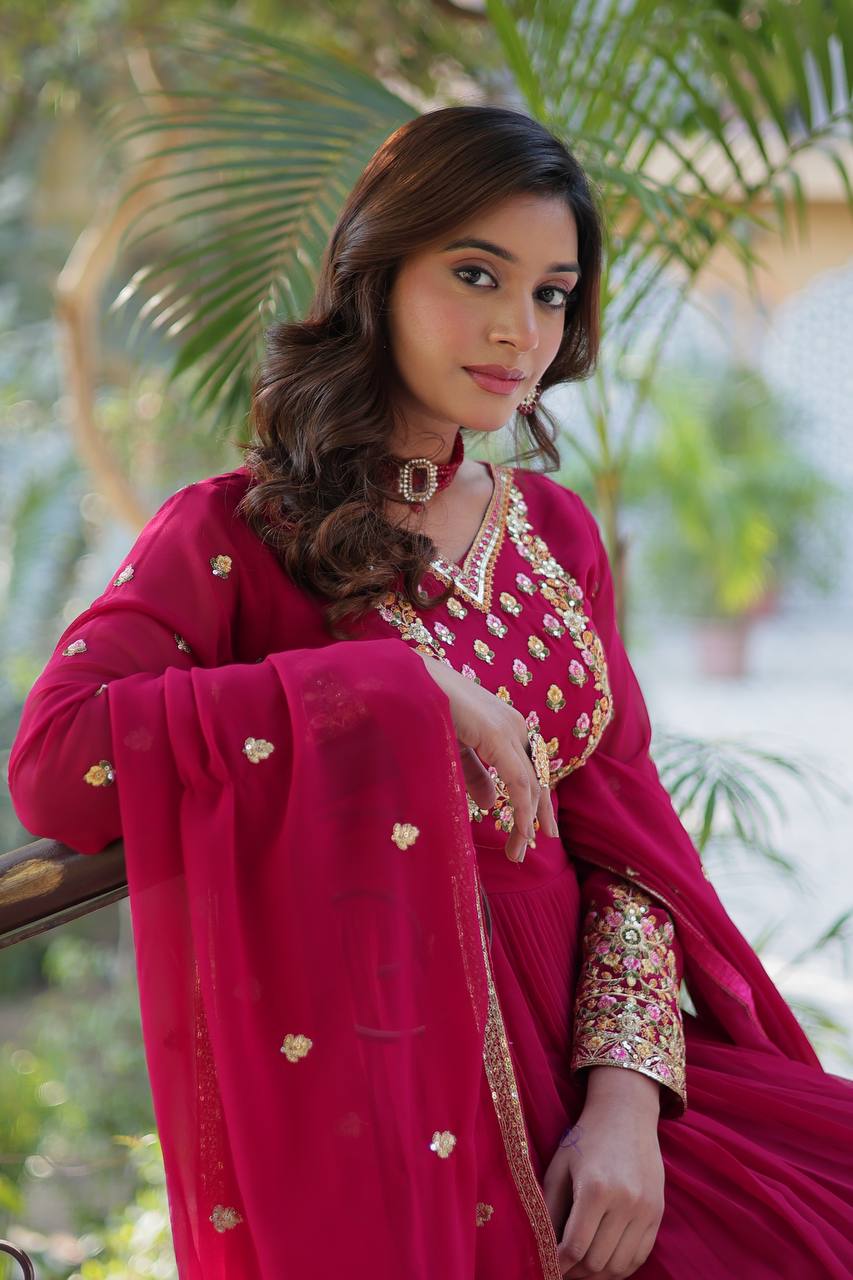 Ravishing Faux Georgette Rich Sequins Embroidered Gown With Dupatta - Ethnicwish
