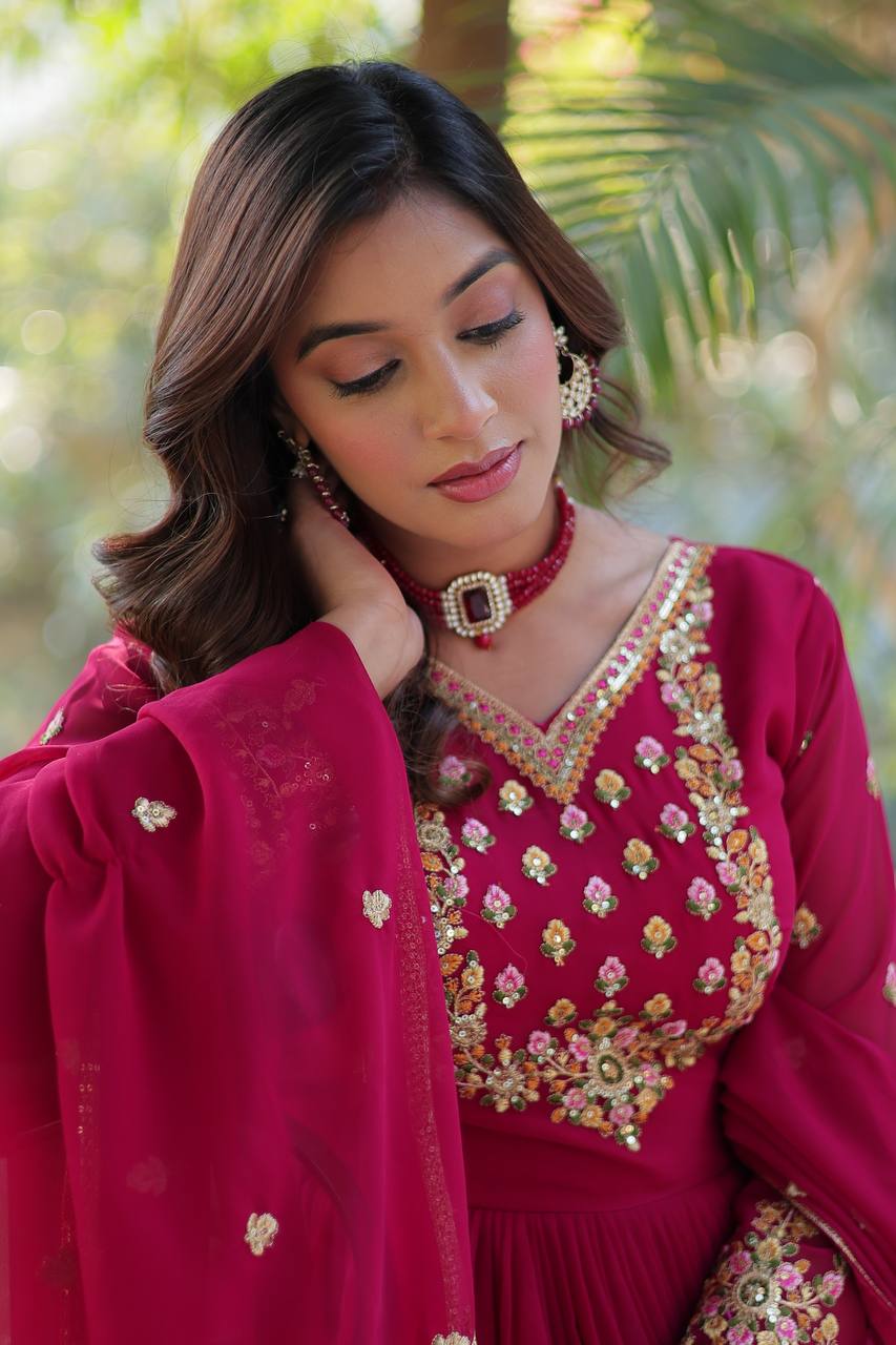 Ravishing Faux Georgette Rich Sequins Embroidered Gown With Dupatta - Ethnicwish