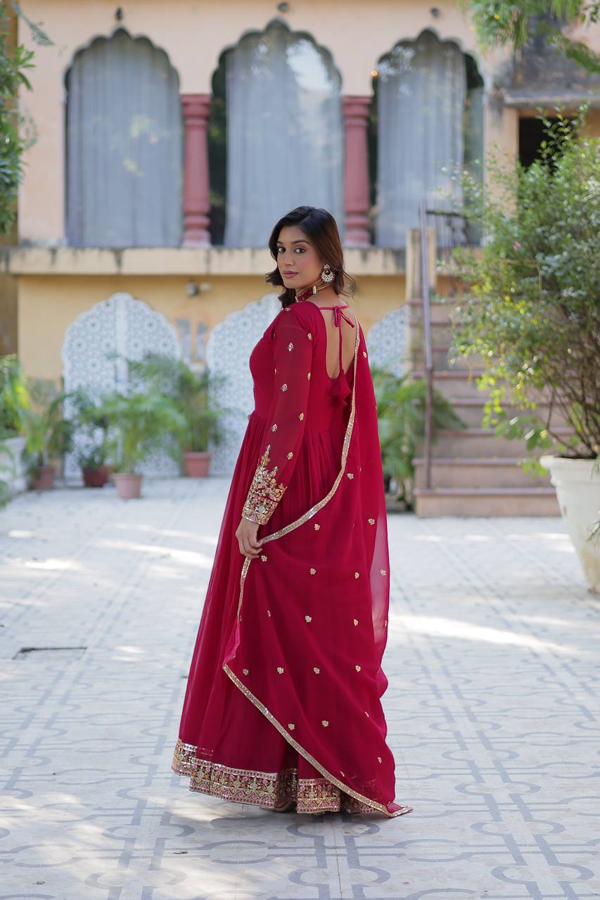 Ravishing Faux Georgette Rich Sequins Embroidered Gown With Dupatta - Ethnicwish