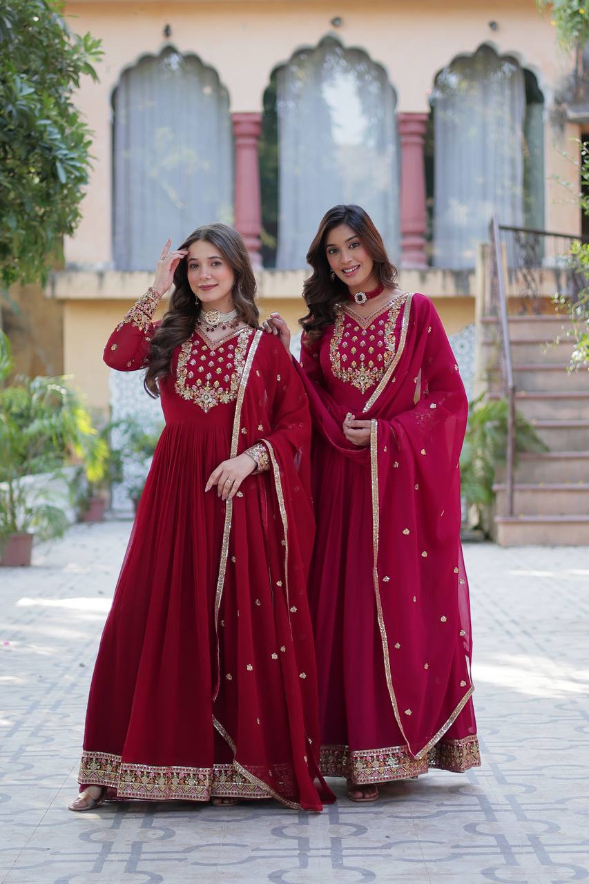 Ravishing Faux Georgette Rich Sequins Embroidered Gown With Dupatta - Ethnicwish