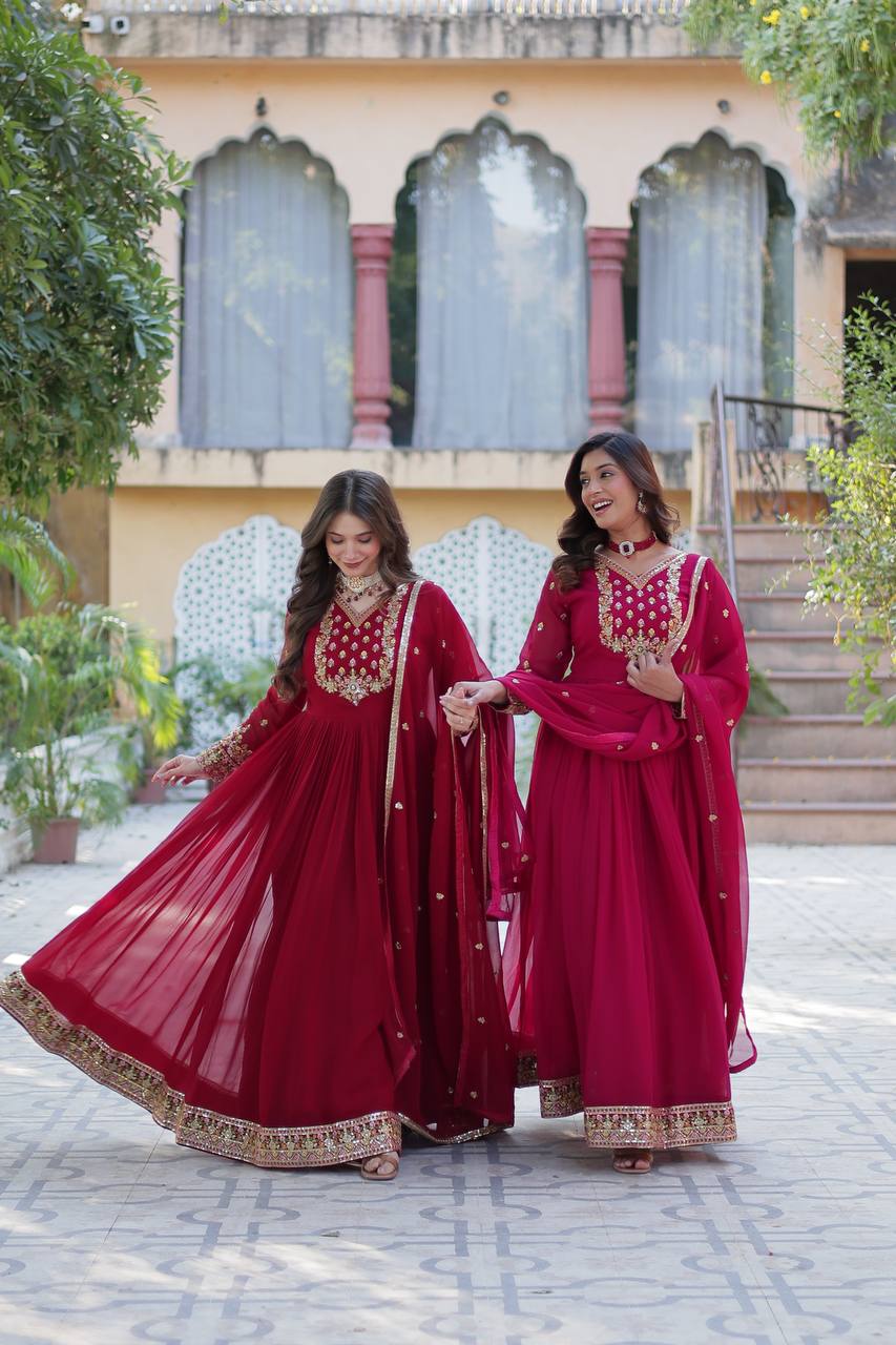 Ravishing Faux Georgette Rich Sequins Embroidered Gown With Dupatta - Ethnicwish