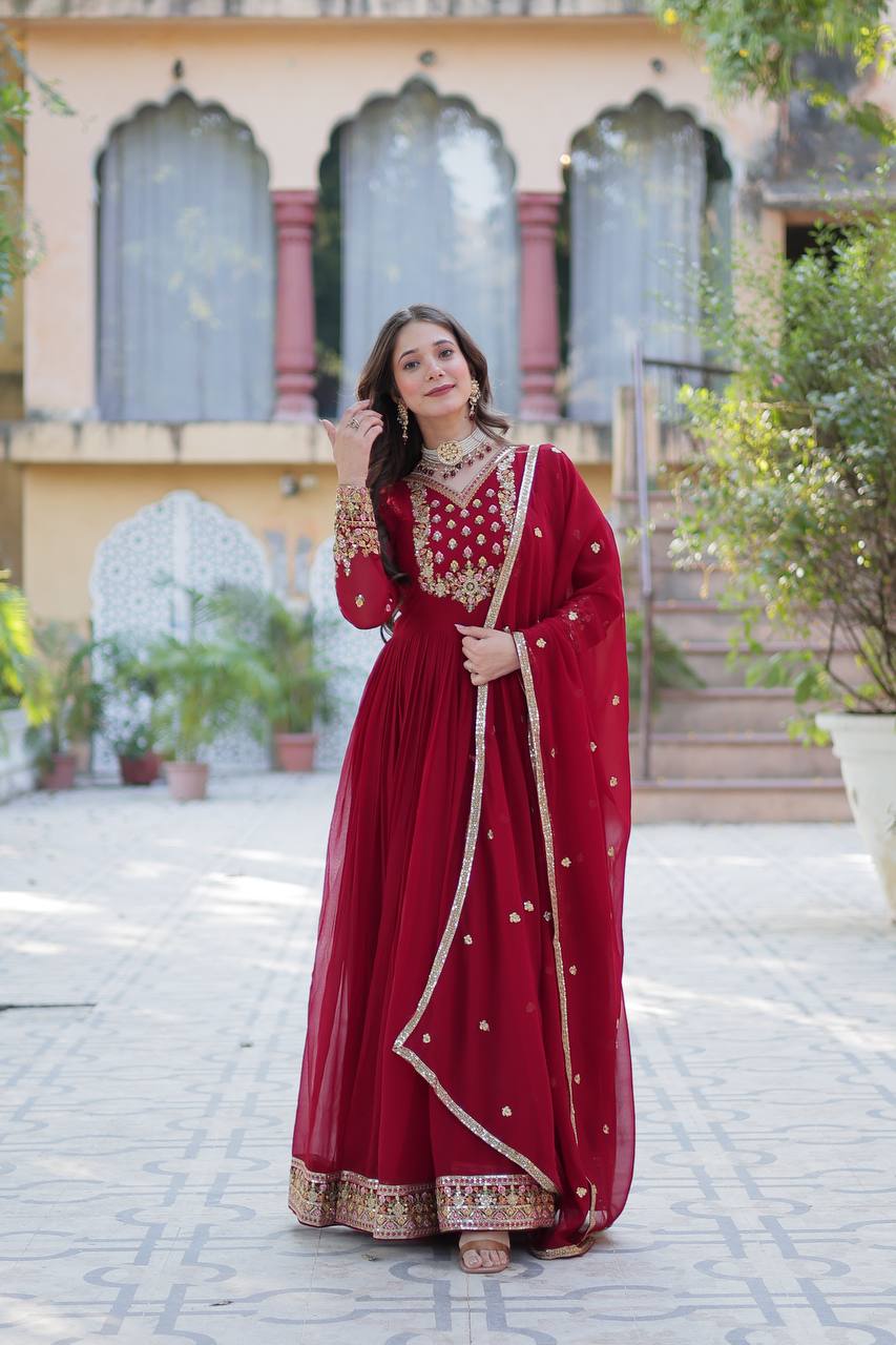 Ravishing Faux Georgette Rich Sequins Embroidered Gown With Dupatta - Ethnicwish