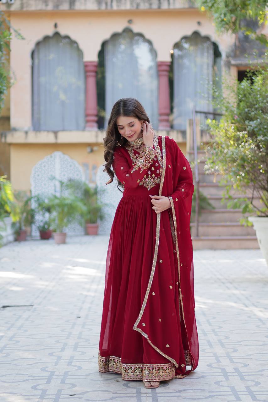 Ravishing Faux Georgette Rich Sequins Embroidered Gown With Dupatta - Ethnicwish