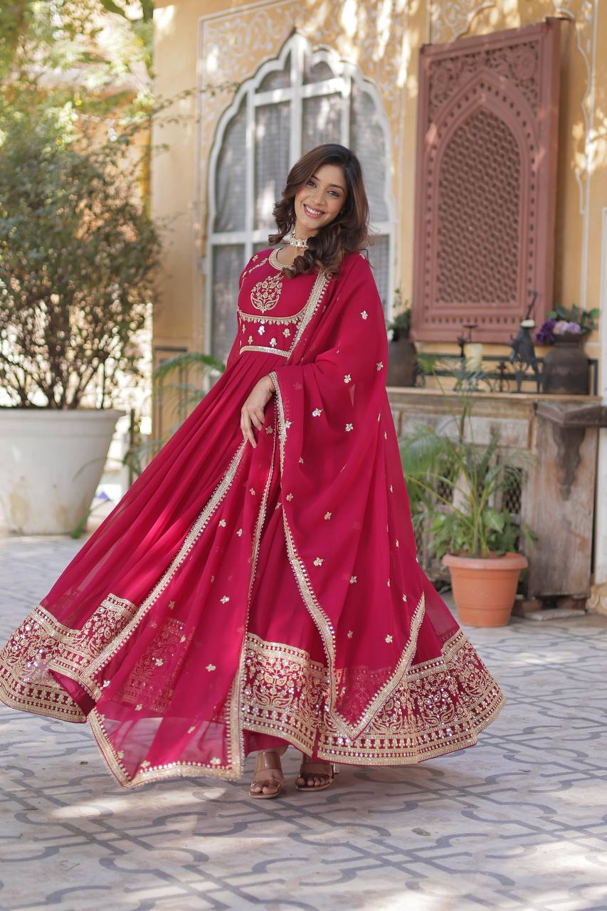 Radiant Faux Georgette Sequins Embroidered Gown With Dupatta - Ethnicwish