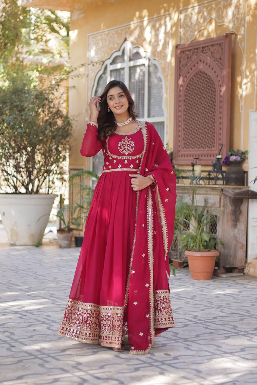 Radiant Faux Georgette Sequins Embroidered Gown With Dupatta - Ethnicwish