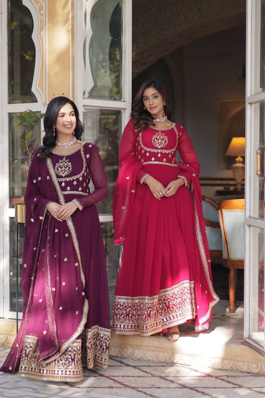Radiant Faux Georgette Sequins Embroidered Gown With Dupatta - Ethnicwish