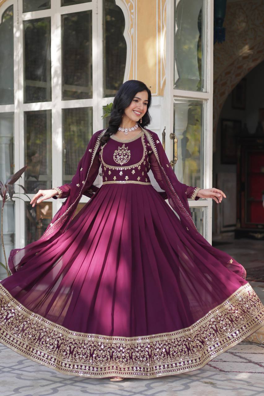 Radiant Faux Georgette Sequins Embroidered Gown With Dupatta - Ethnicwish