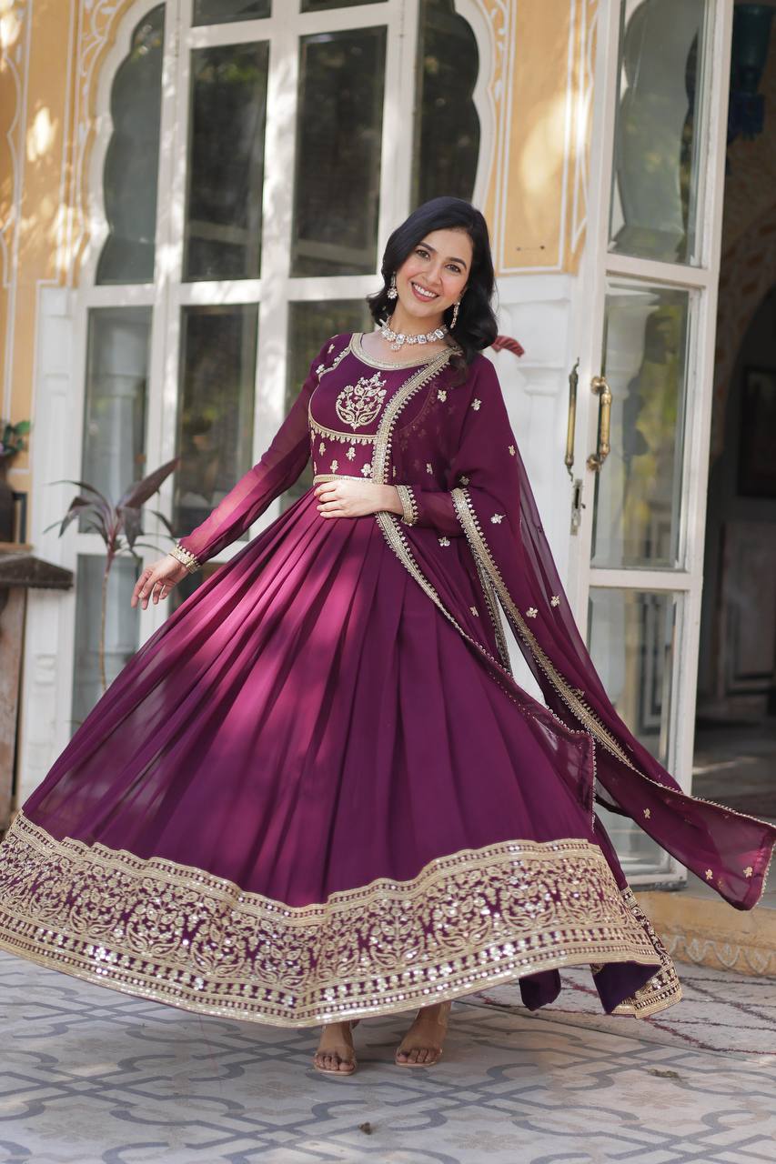 Radiant Faux Georgette Sequins Embroidered Gown With Dupatta - Ethnicwish
