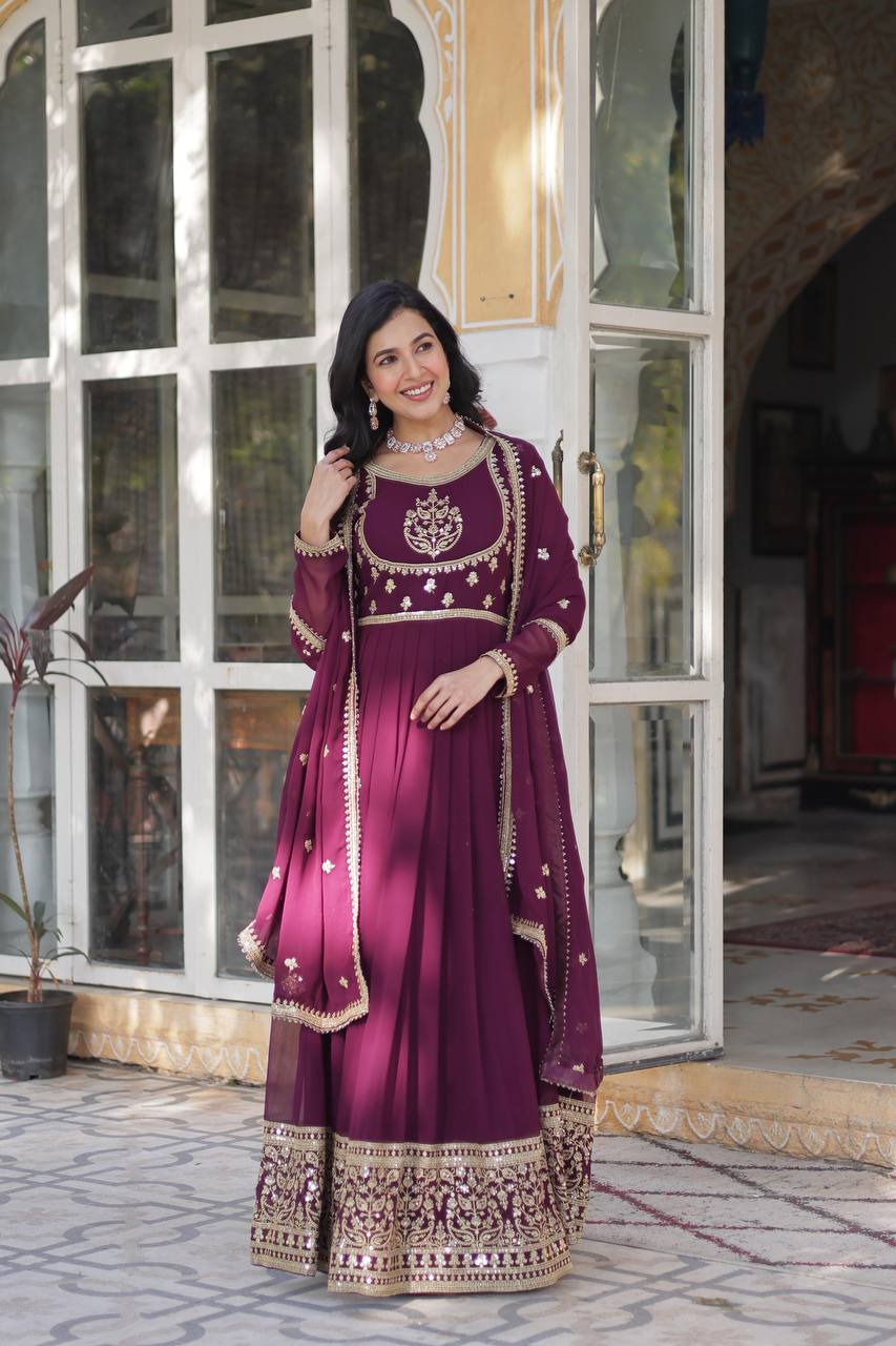 Radiant Faux Georgette Sequins Embroidered Gown With Dupatta - Ethnicwish