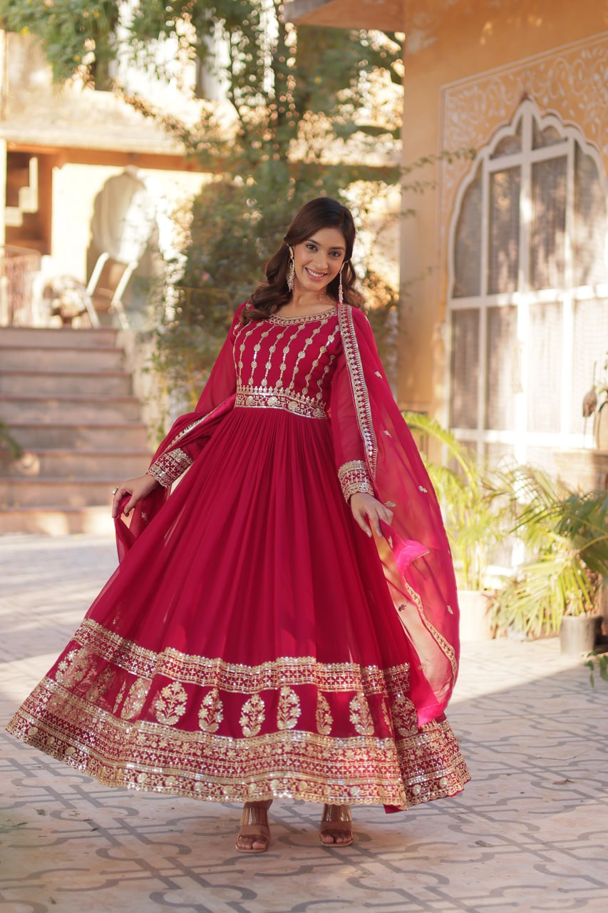Mesmerizing Faux Georgette Embroidered Zari Sequins Gown Set - Ethnicwish