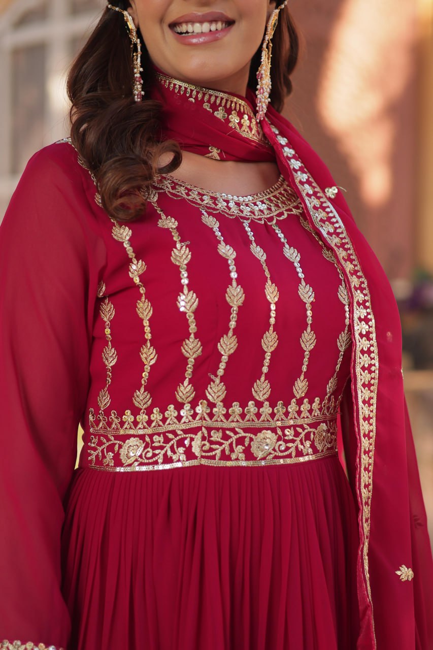 Mesmerizing Faux Georgette Embroidered Zari Sequins Gown Set - Ethnicwish