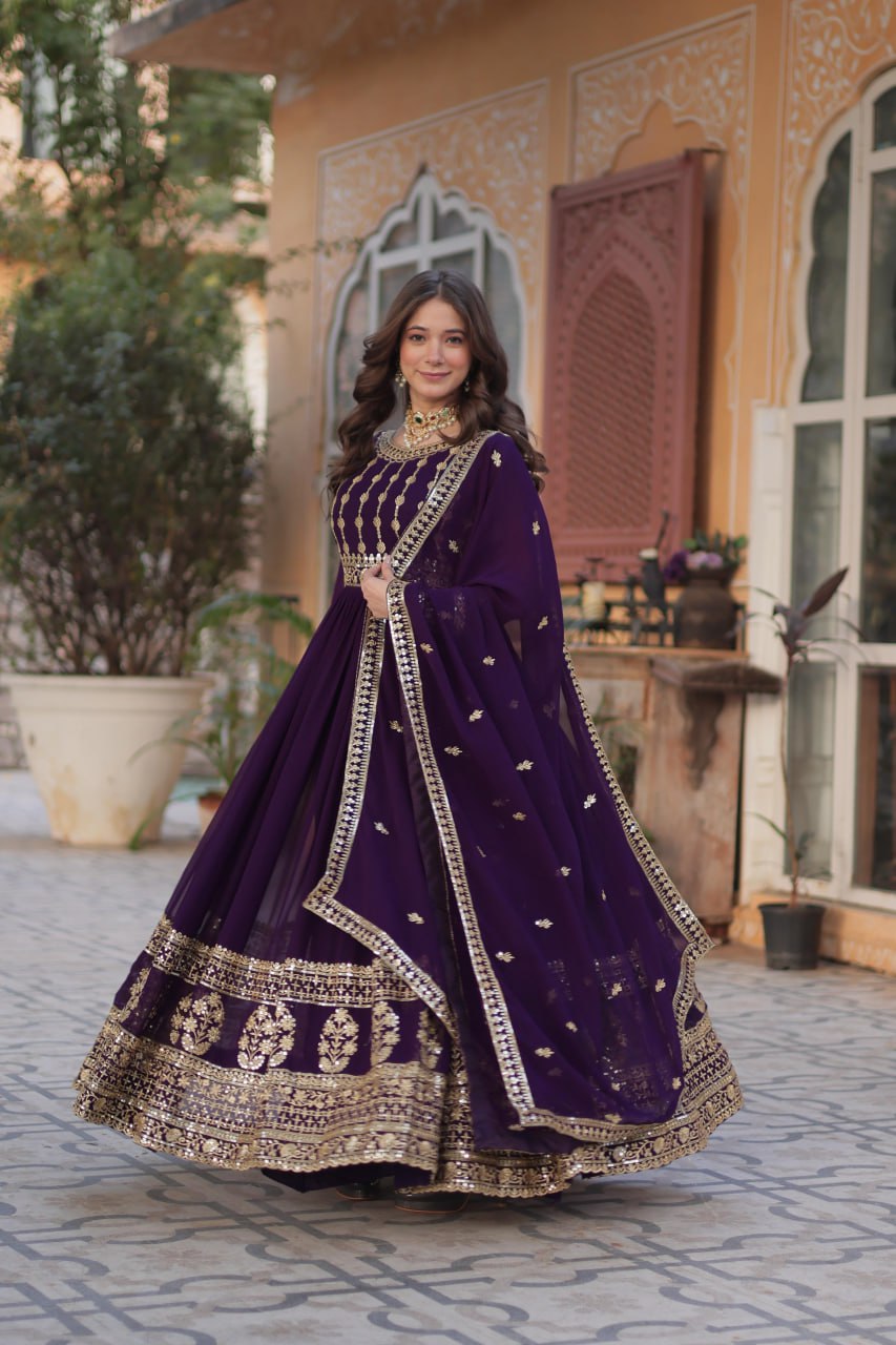 Mesmerizing Faux Georgette Embroidered Zari Sequins Gown Set - Ethnicwish