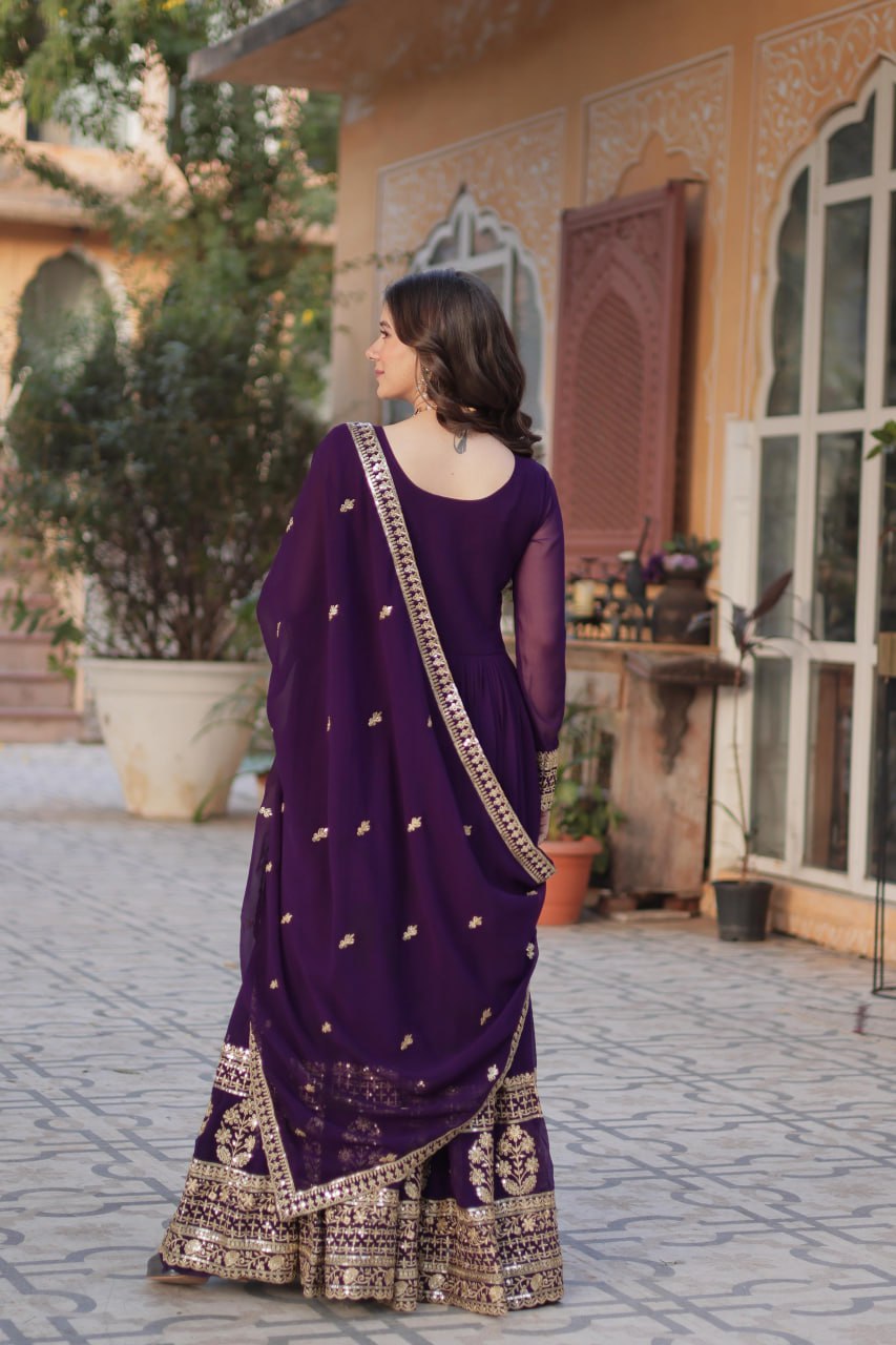 Mesmerizing Faux Georgette Embroidered Zari Sequins Gown Set - Ethnicwish