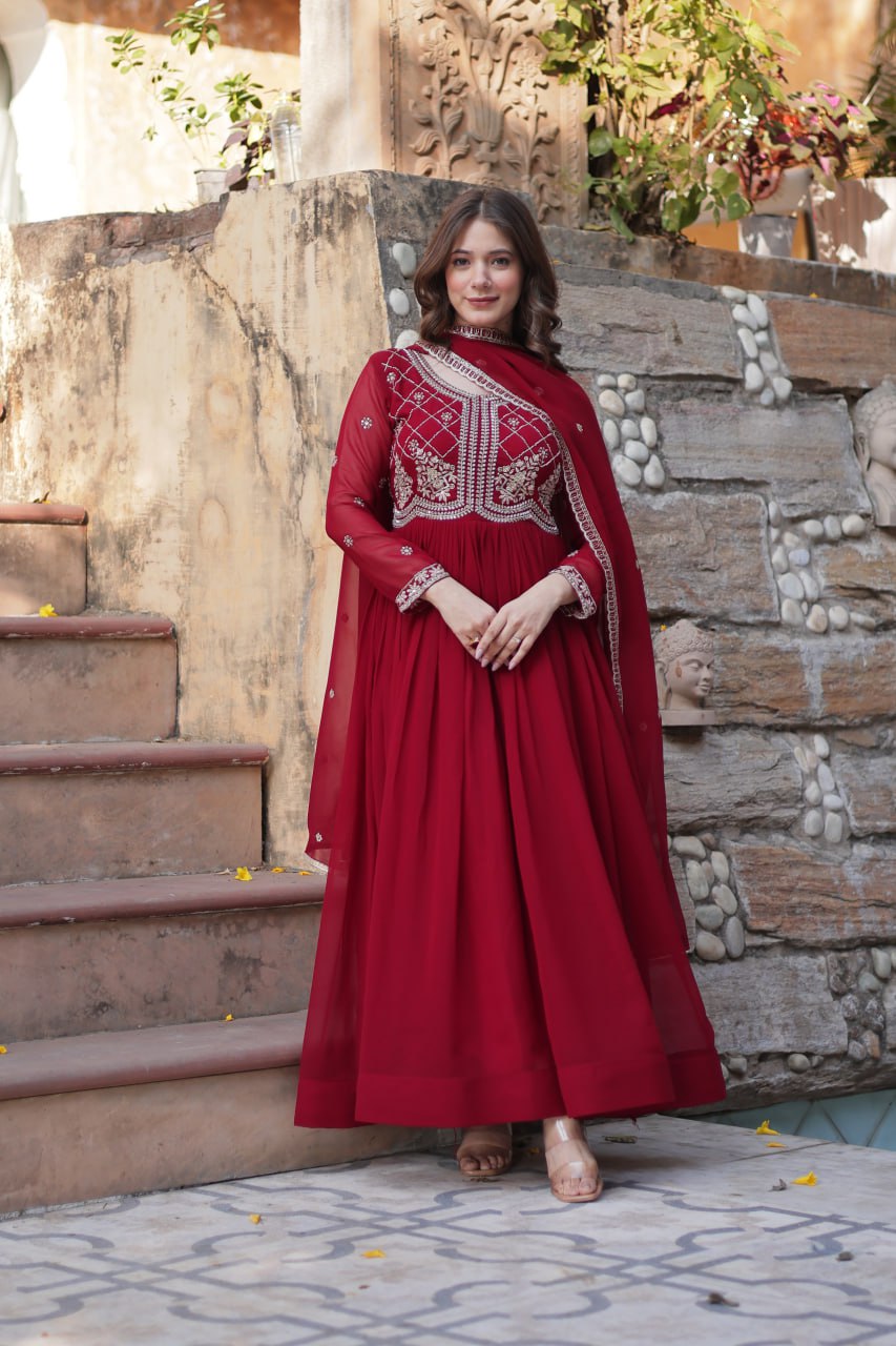 Faux Blooming Gown with Multi-Sequins & Beads Embroidery With Dupatta
