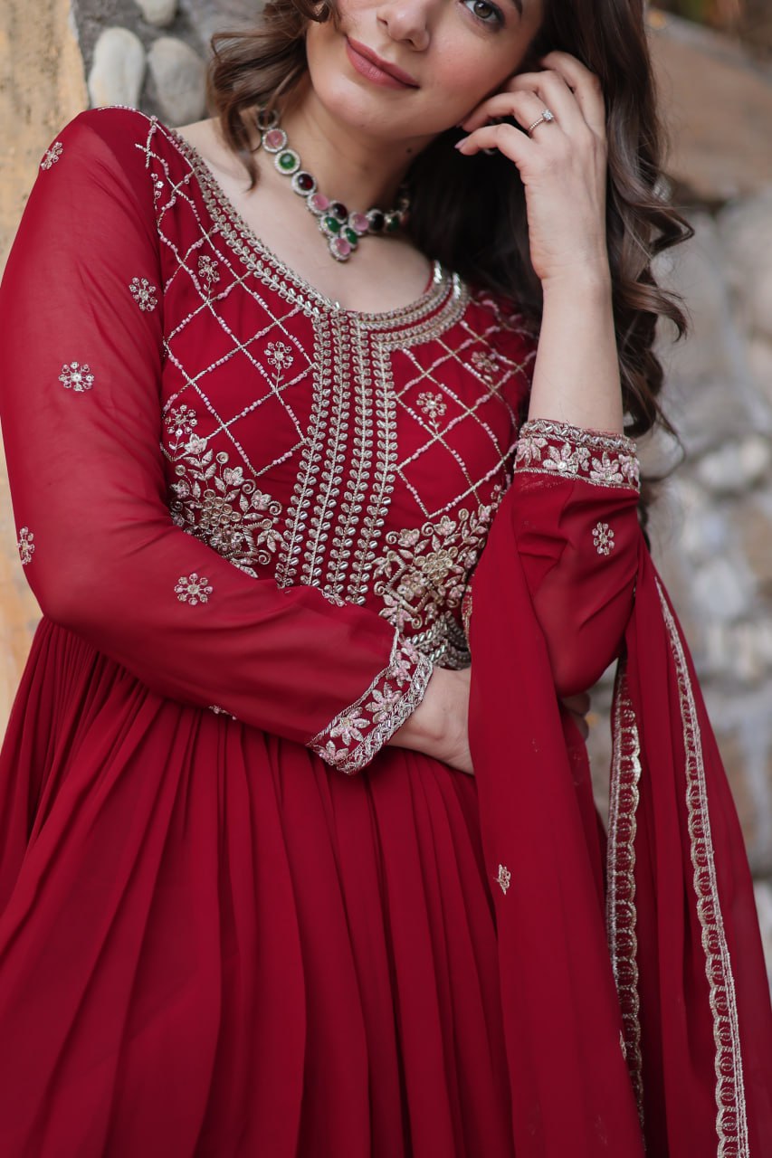 Faux Blooming Gown with Multi-Sequins & Beads Embroidery With Dupatta
