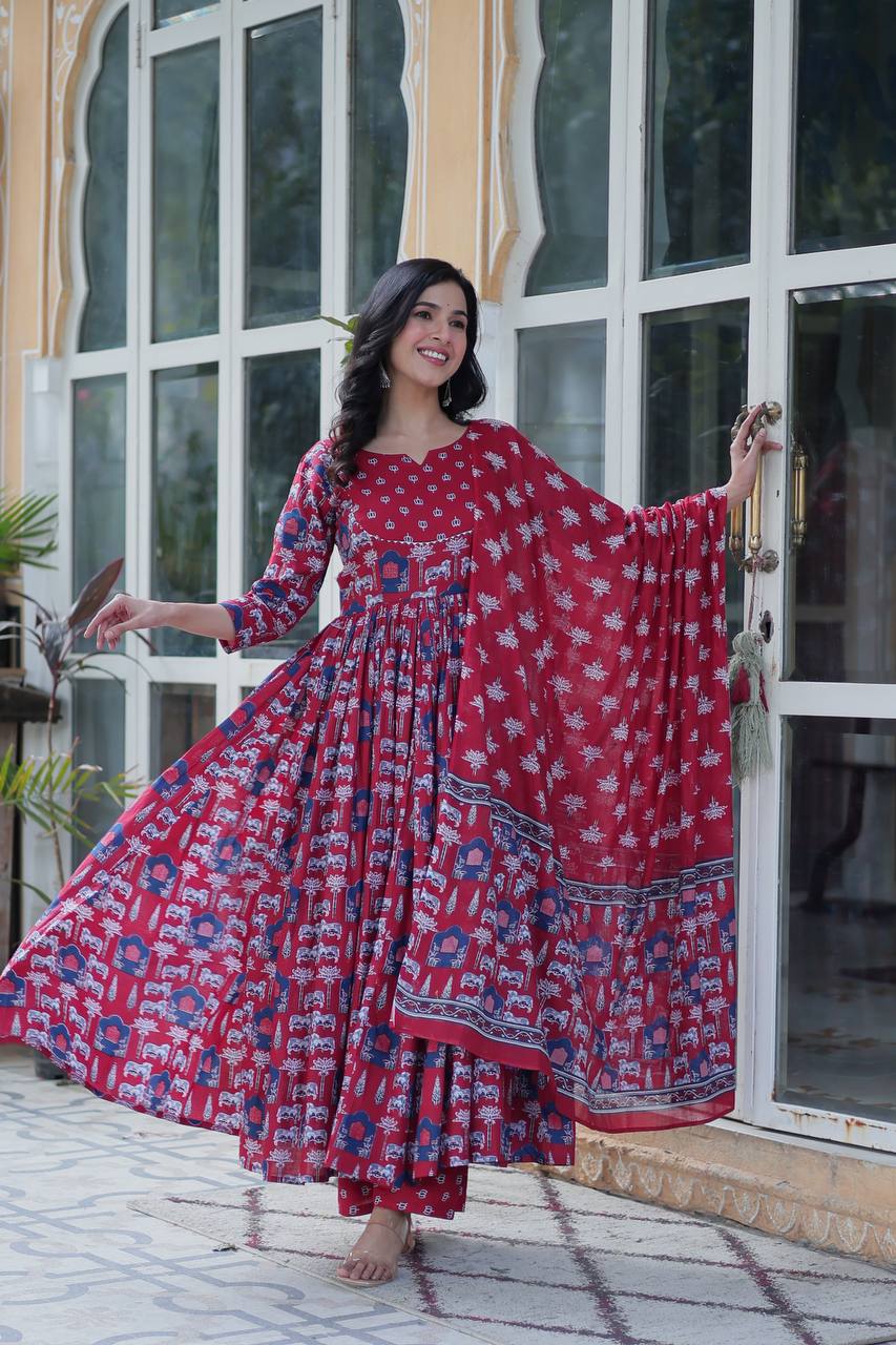 Elegant Pure Cotton Suit Set with Fancy Round Neck With Matching Dupatta