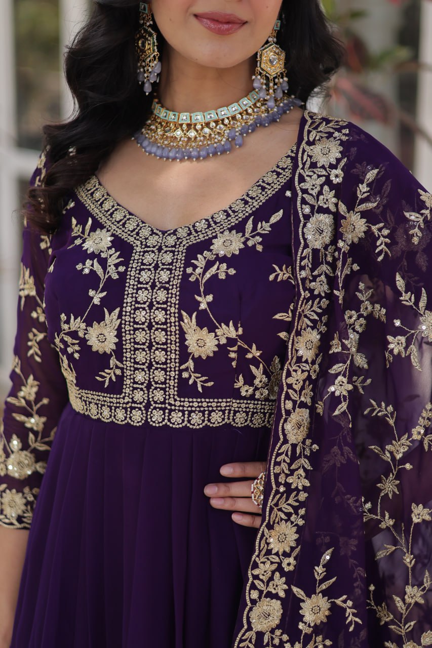 Faux Blooming Sequins & Zari Embroidered Gown With Dupatta