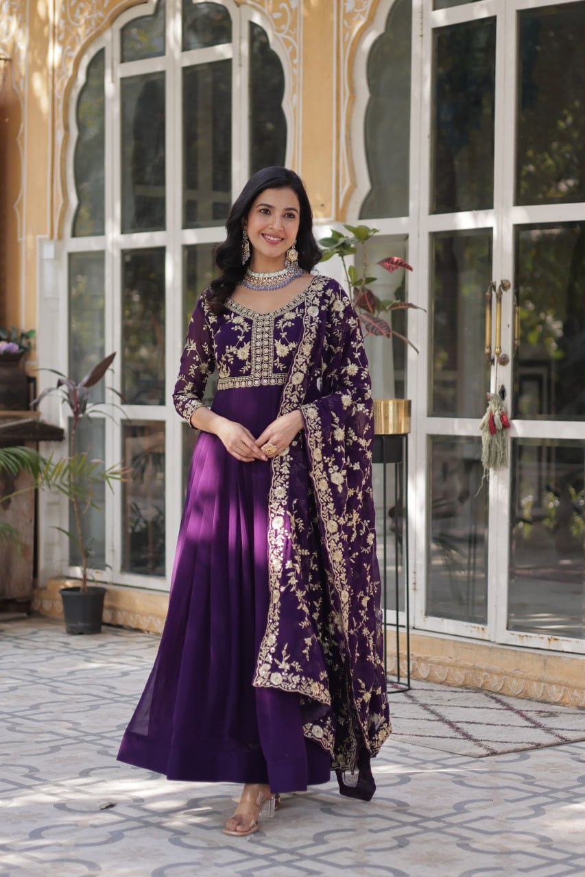Faux Blooming Sequins & Zari Embroidered Gown With Dupatta