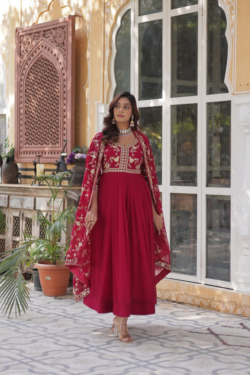 Faux Blooming Sequins & Zari Embroidered Gown With Dupatta